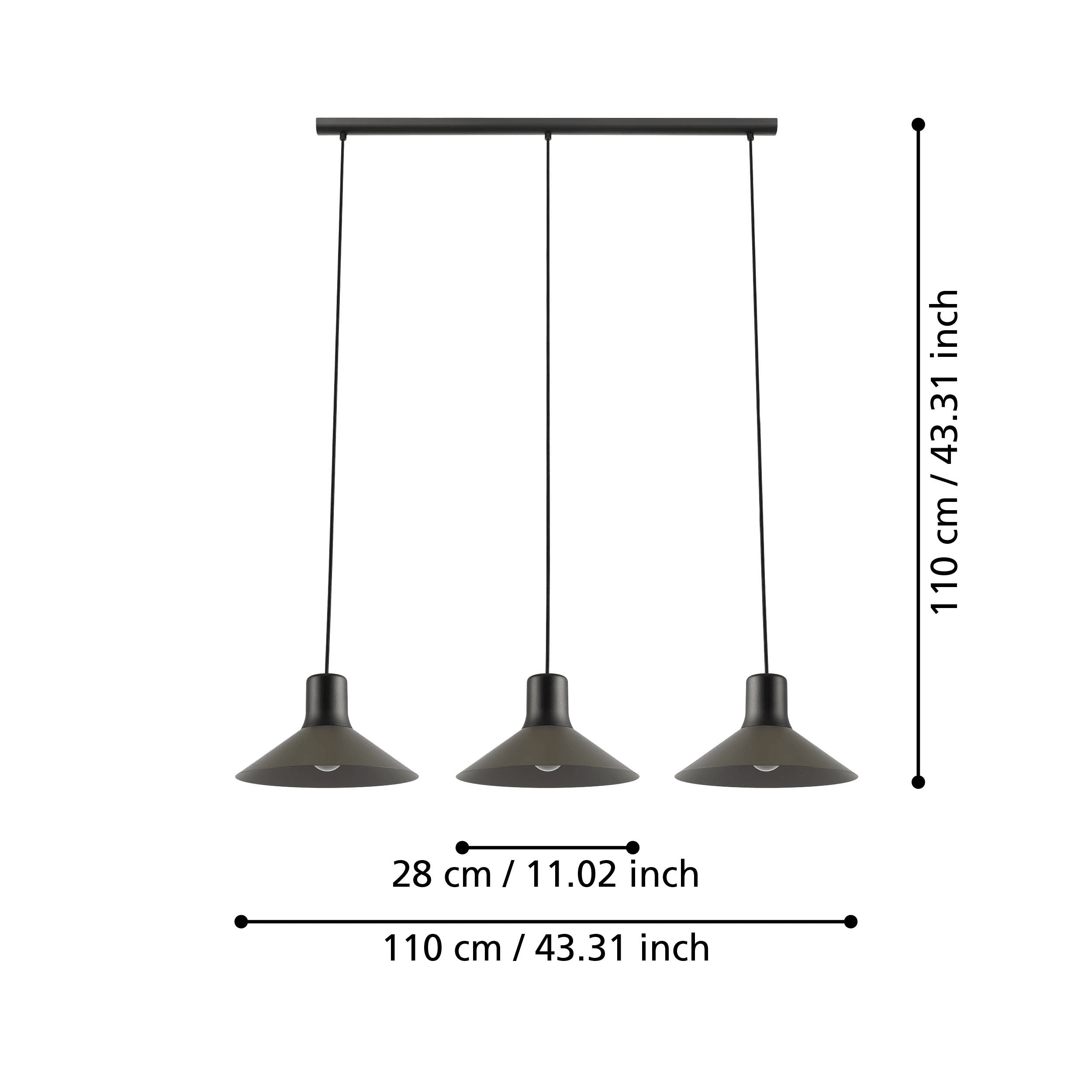 eglo abreosa 3 light grey black metal conical ceiling pendant living room close up