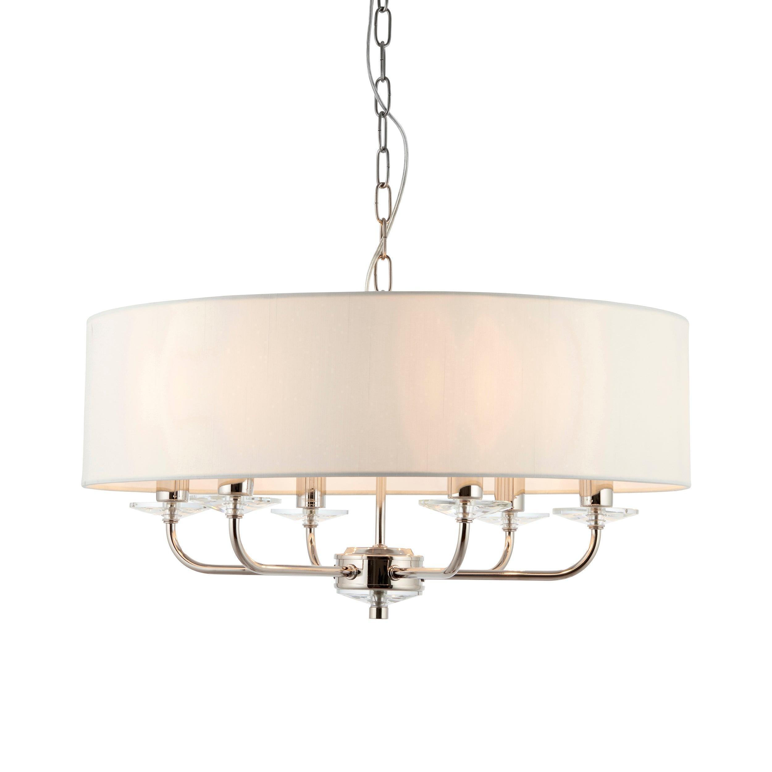 Endon Nixon 6 Arm Bright Nickel Pendant Ceiling Light 60179 - White Background, Lights on