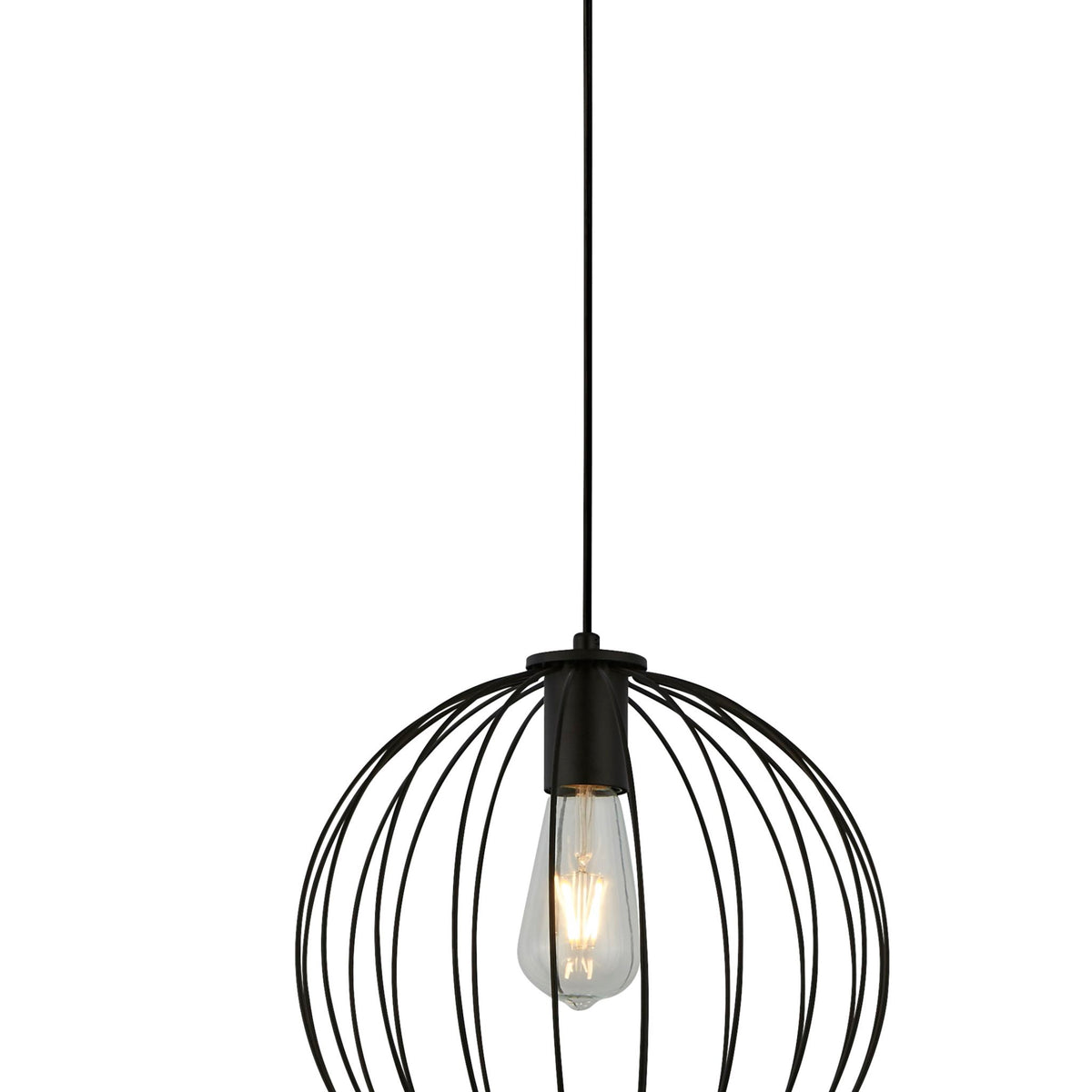 Close-up of the Rondo pendant's slim black wire ribs and central filament bulb