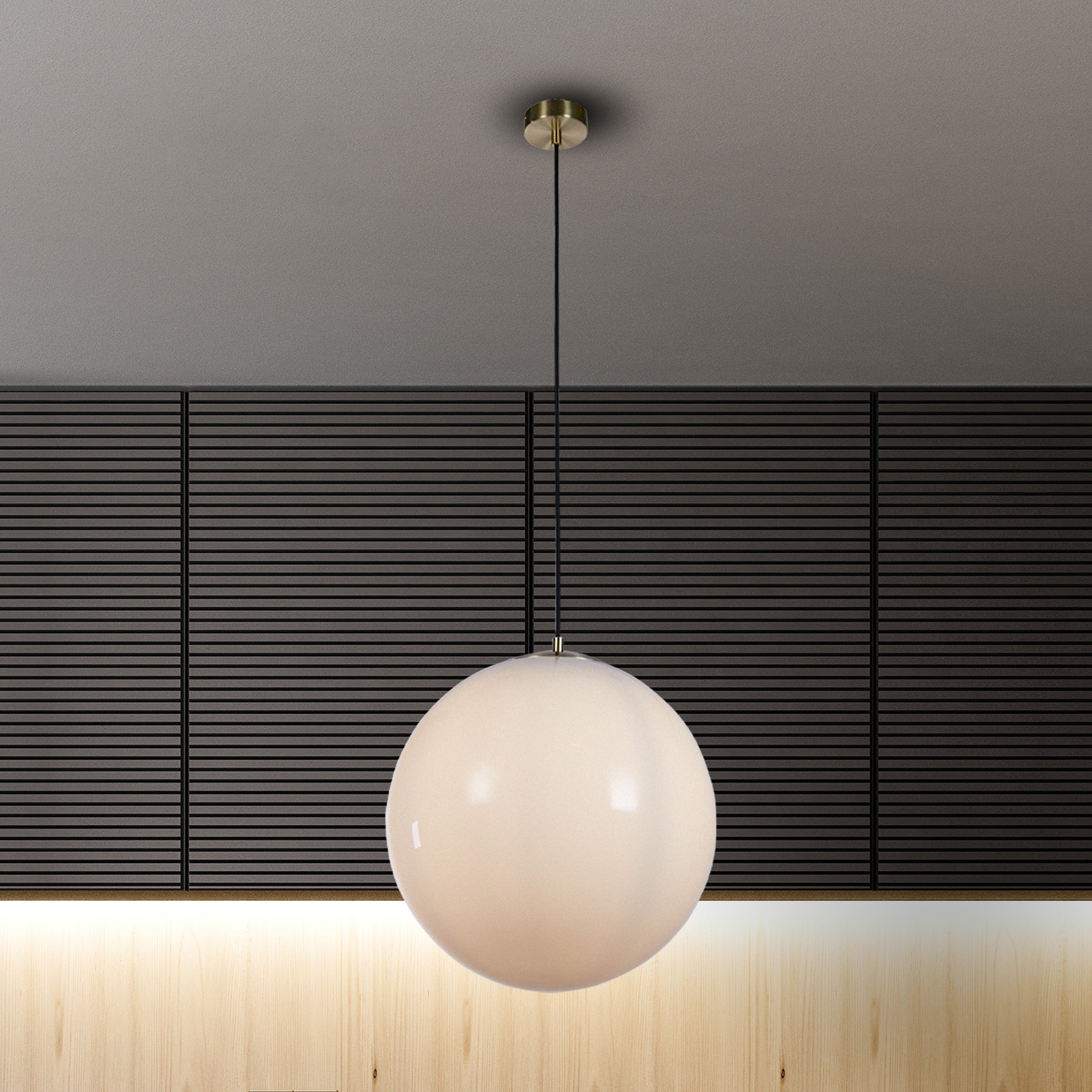 Searchlight Atom II Brass Pendant - Opal Glass Globe Shade - 40cm