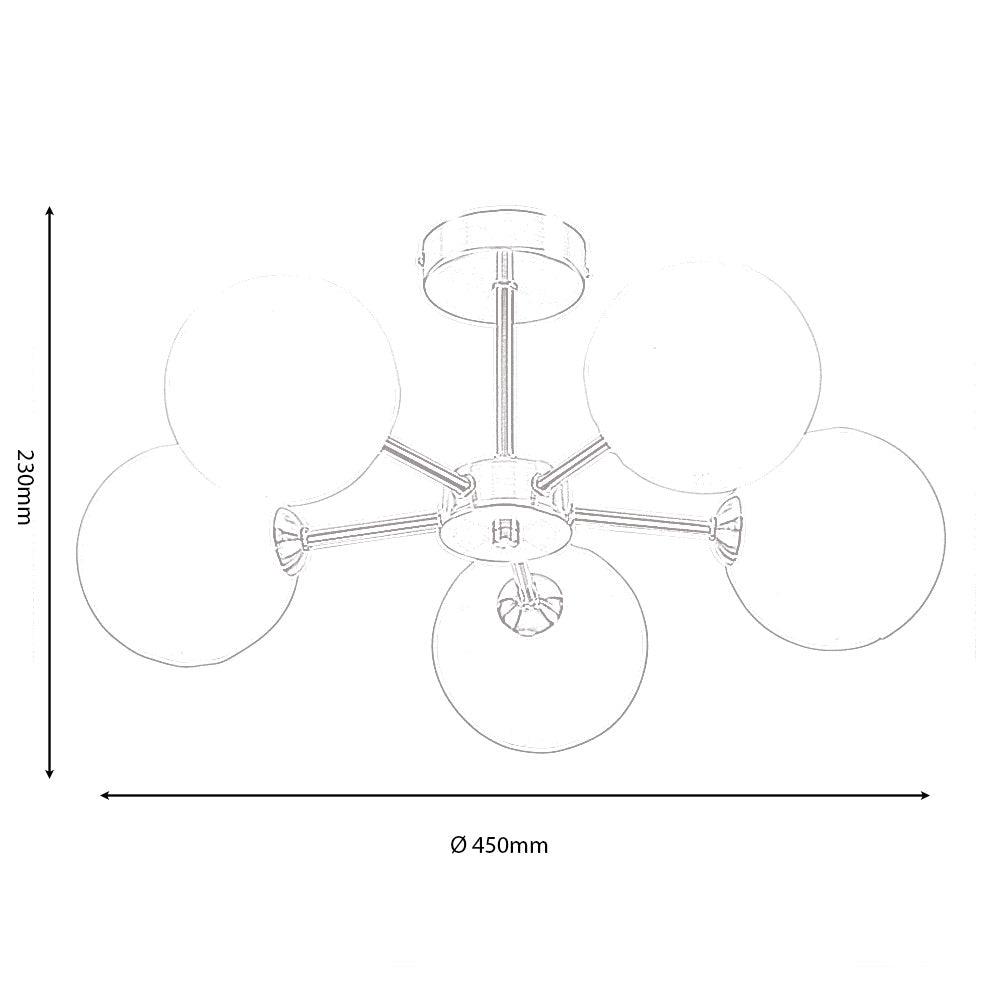 flaxton 5 arm satin nickel semi flush with opal glass shades Living Room Close Up