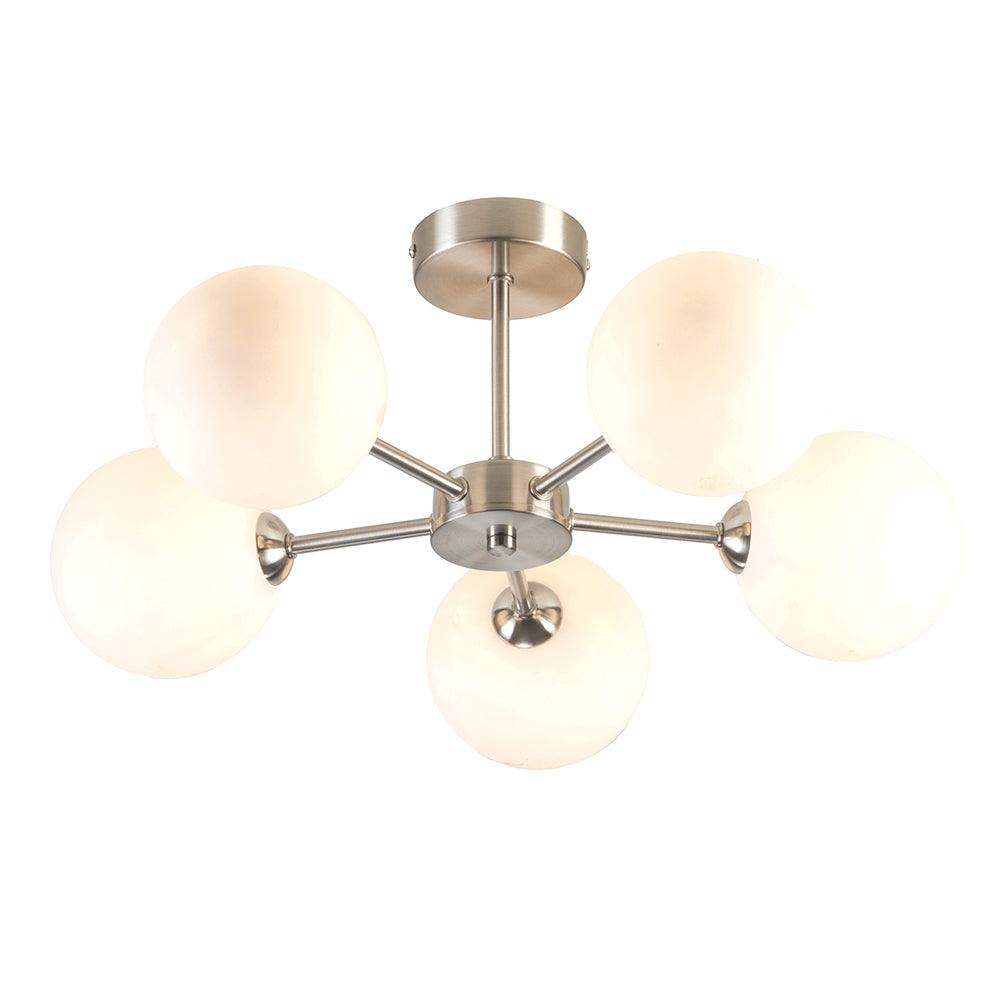 flaxton 5 arm satin nickel semi flush with opal glass shades