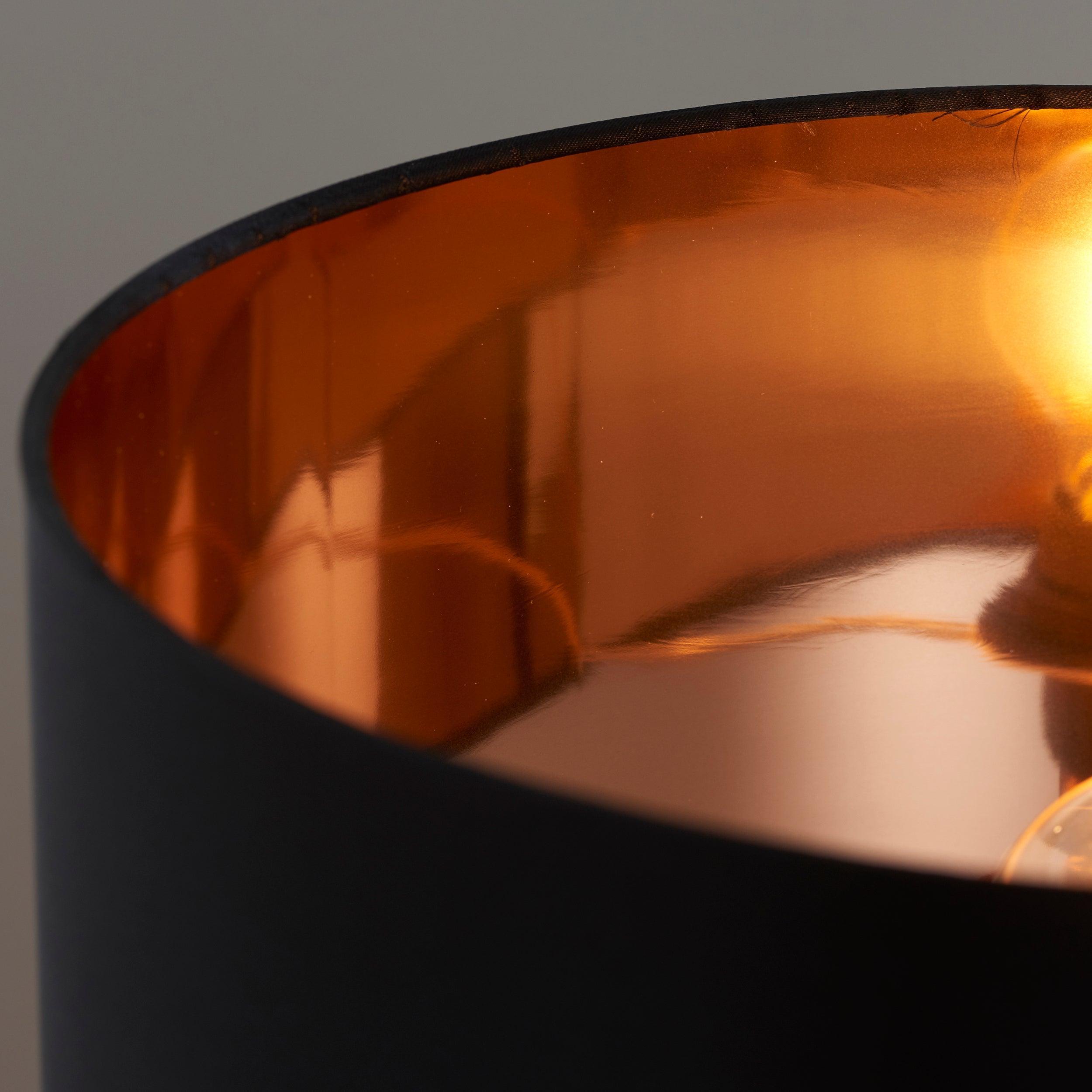 Endon Waldorf Copper Glass & Black Faux Silk Table Lamp 61149 - inside copper shade detail