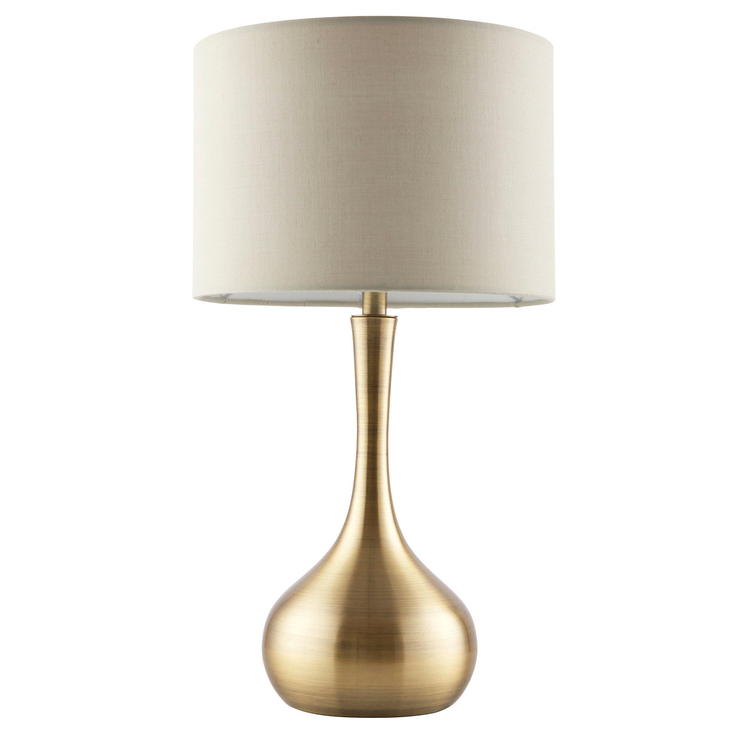 Endon Piccadilly Brass Table Lamp With Taupe Shade 61191 - unlit on a white background