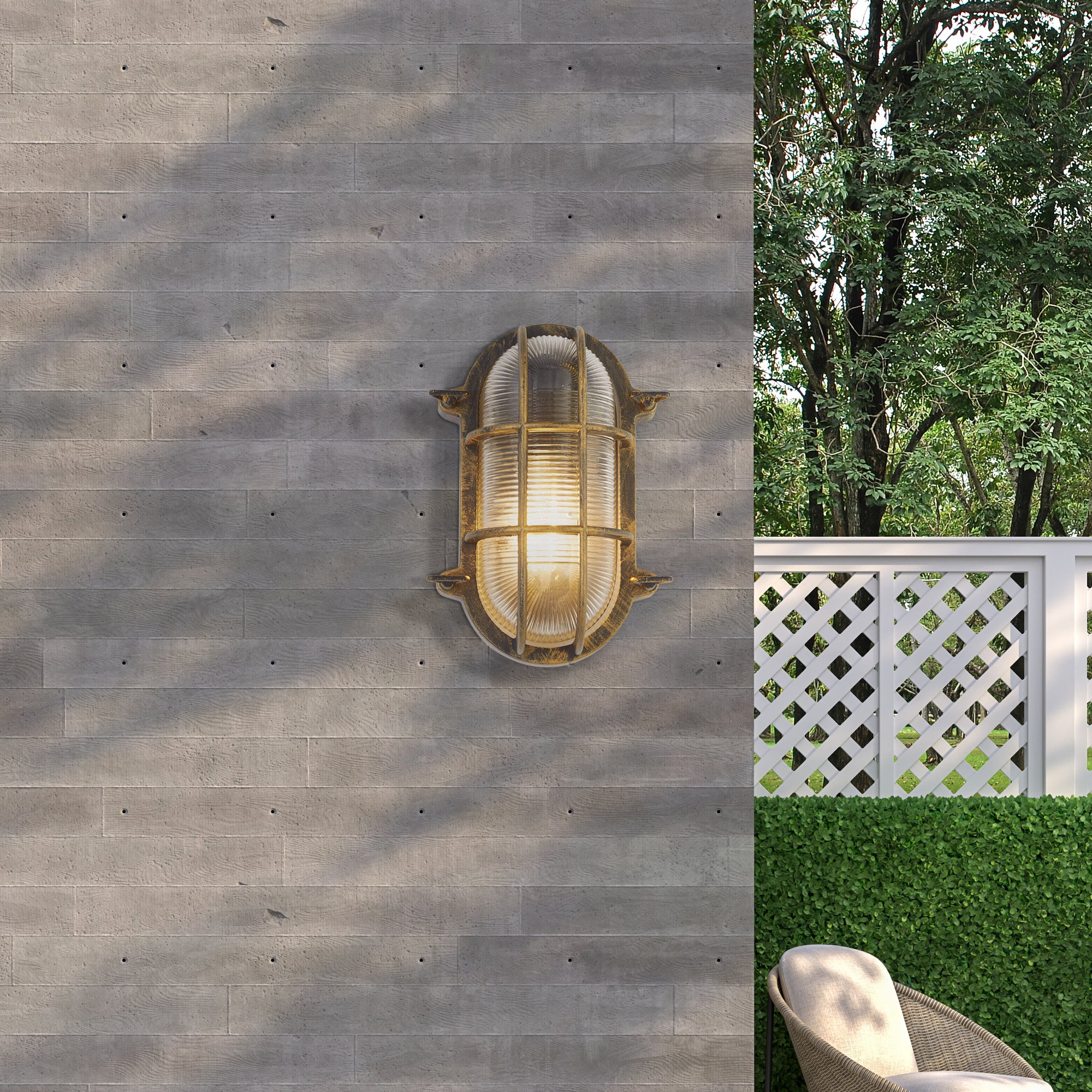Searchlight Bulkhead Oval Black & Gold Outdoor Wall Light