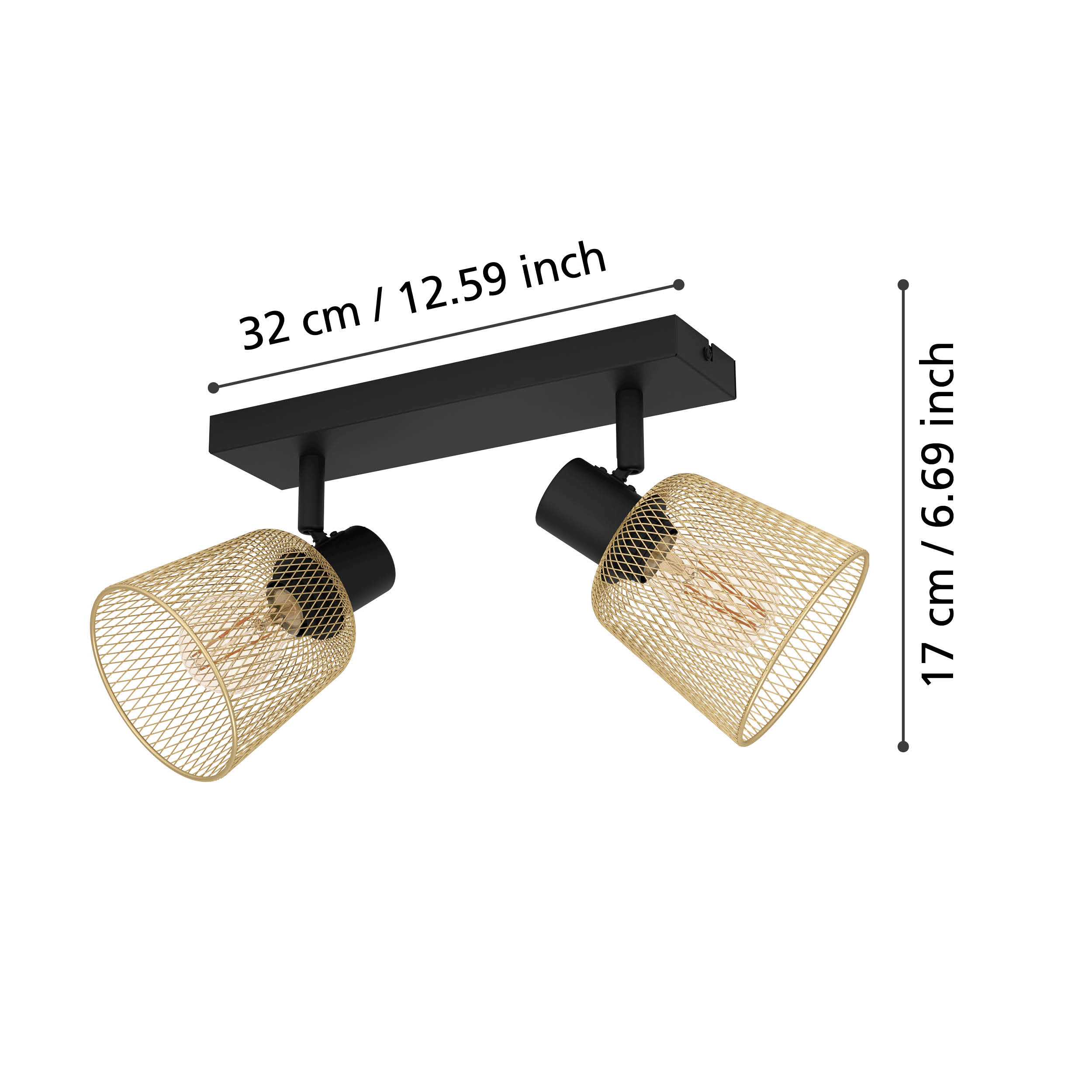 eglo coslada brass mess black 2 light bar spotlight living room close up