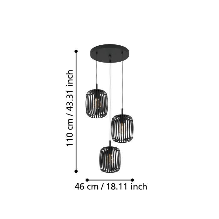 eglo romazzina 3 light black metal caged ceiling pendant living room close up