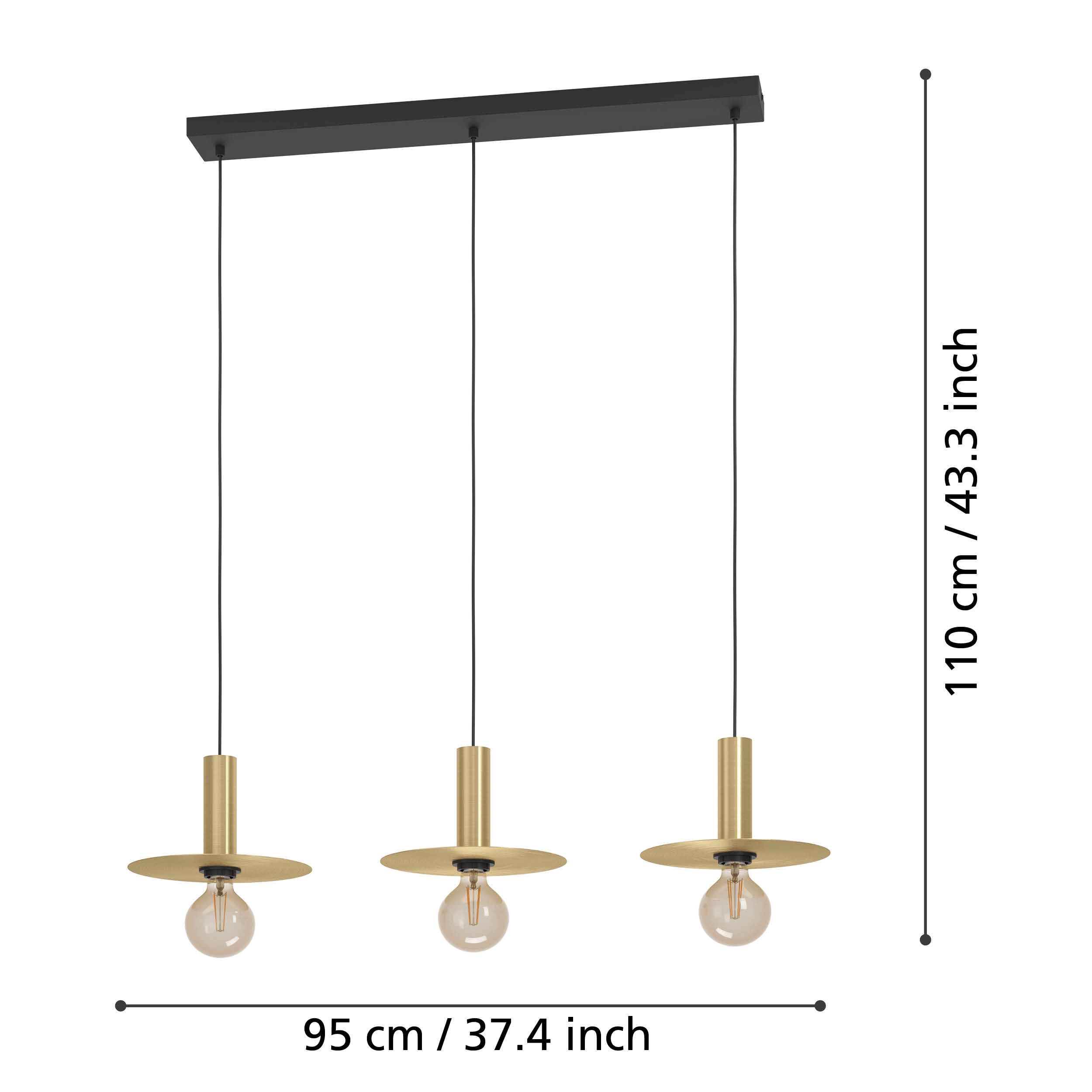 eglo escandell 3 light brass metal disc ceiling pendant living room close up