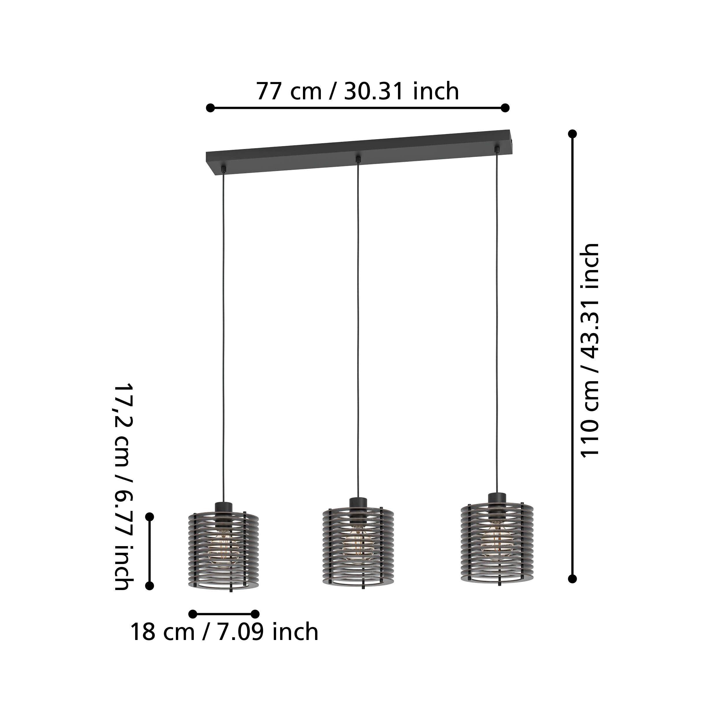 eglo segovia 3 light black steel slat ceiling pendant living room close up