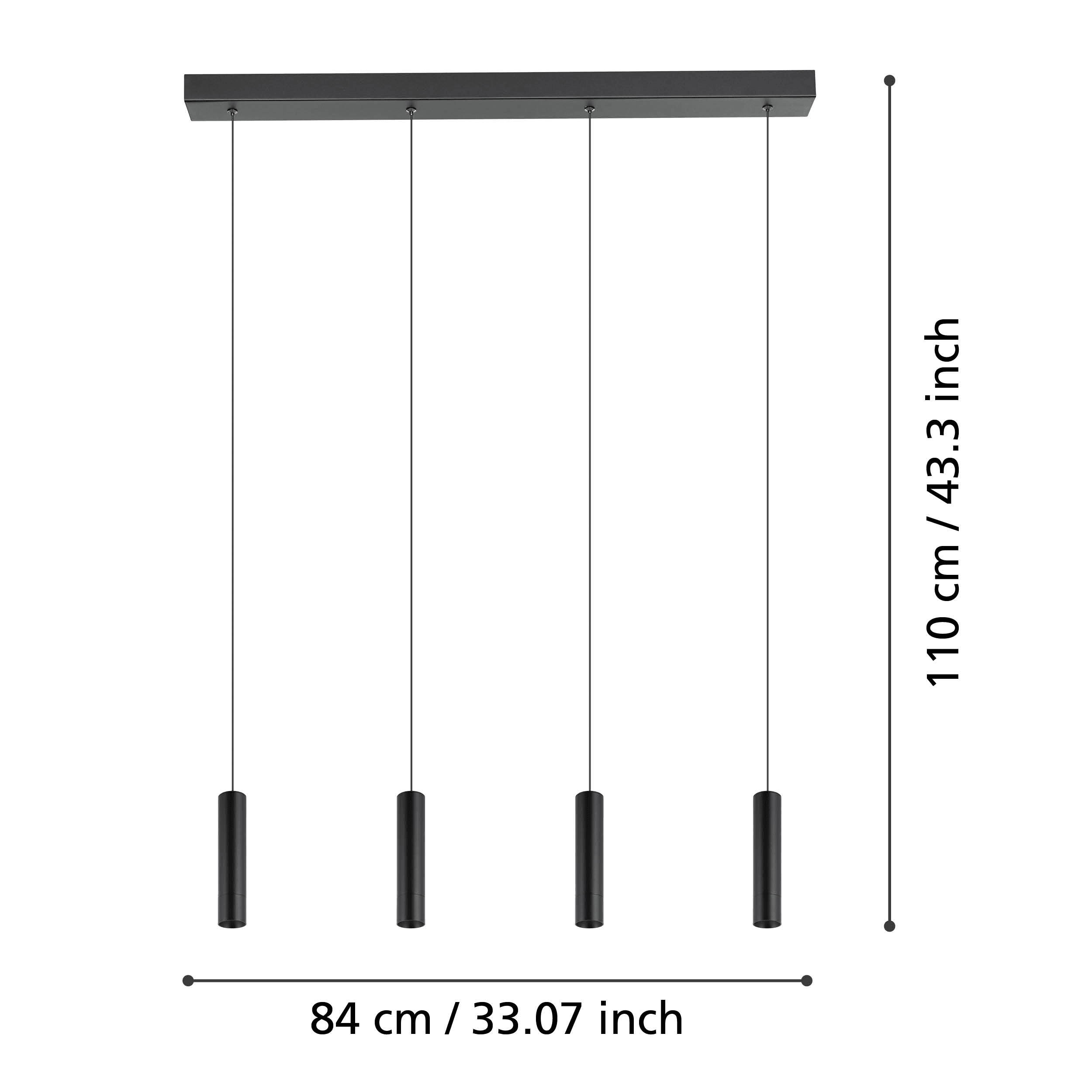 eglo almudaina 4 light led black metal tube ceiling pendant living room close up