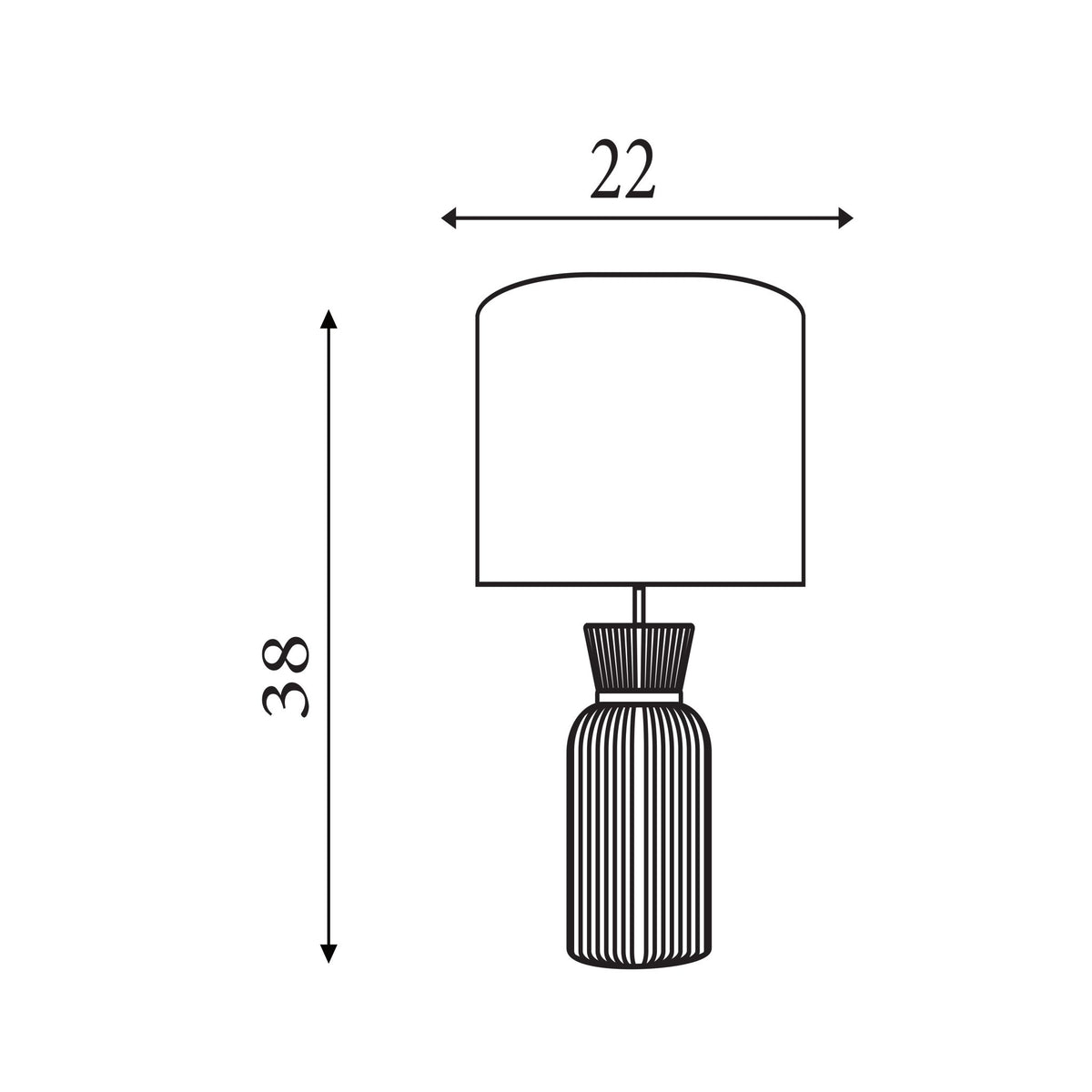 Dimension diagram of the Tia, Navy Ceramic, Table Lamp - Ribbed Ceramic Base with height and width in cm.