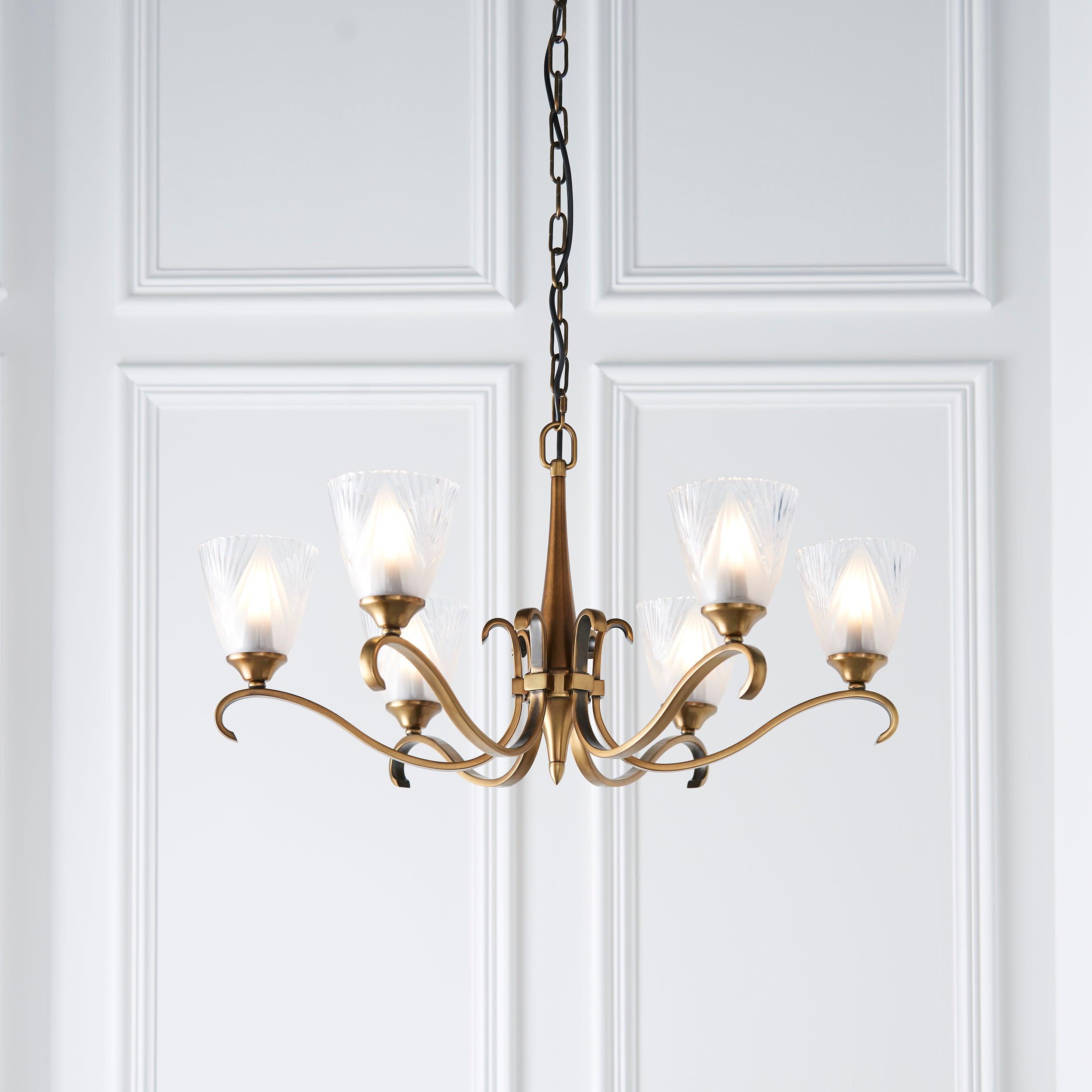 Columbia 6 Light Antique Brass Chandelier - Art Deco Shades-Interiors 1900-1-Tiffany Lighting Direct