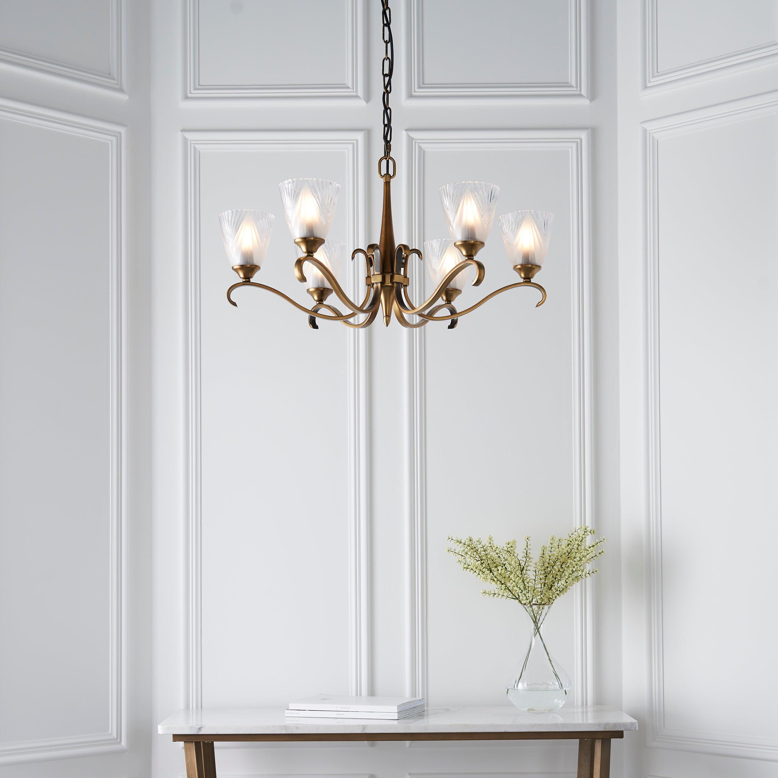 Columbia 6 Light Antique Brass Chandelier - Art Deco Shades-Interiors 1900-7-Tiffany Lighting Direct