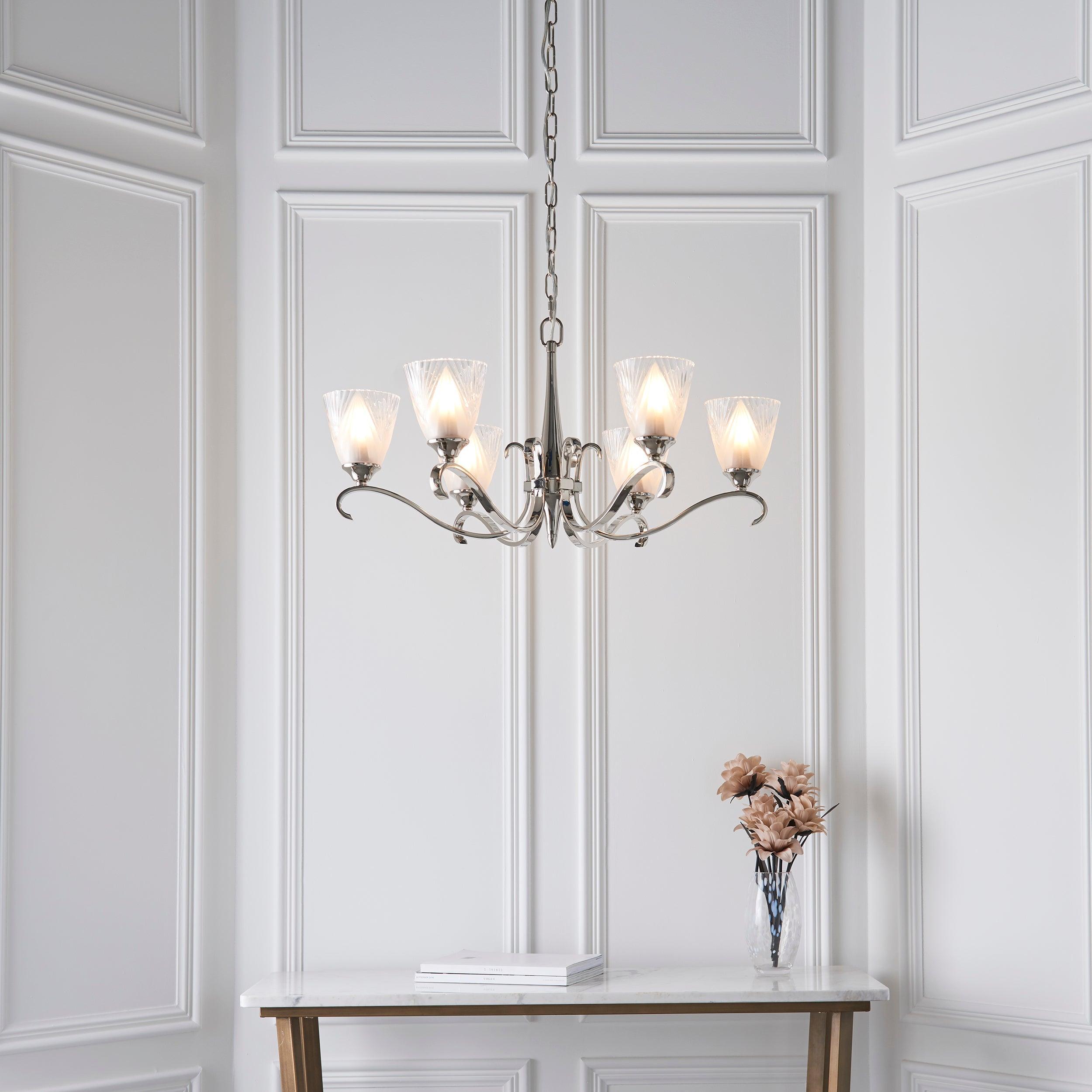 Columbia 6 Light Nickel Chandelier - Art Deco Glass Shade-Interiors 1900-7-Tiffany Lighting Direct