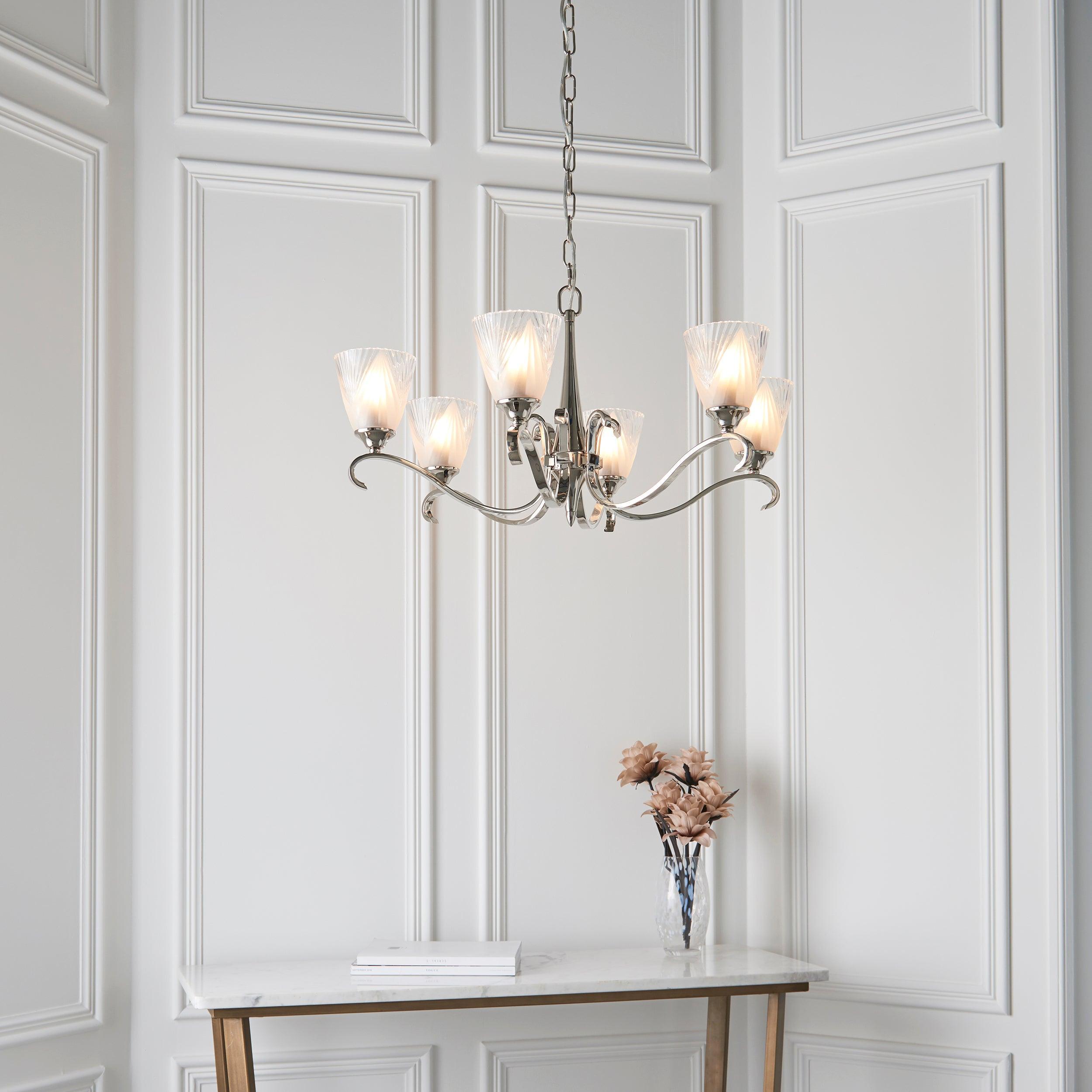 Columbia 6 Light Nickel Chandelier - Art Deco Glass Shade-Interiors 1900-8-Tiffany Lighting Direct