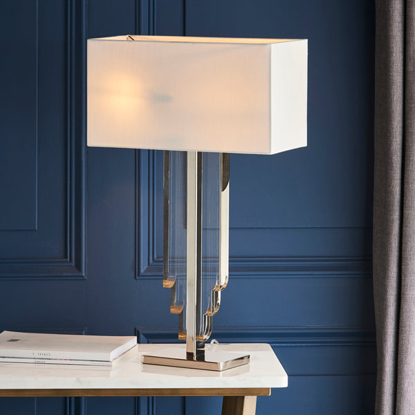 Crystal Cascade Table Lamp With Faux Silk Off White Shade