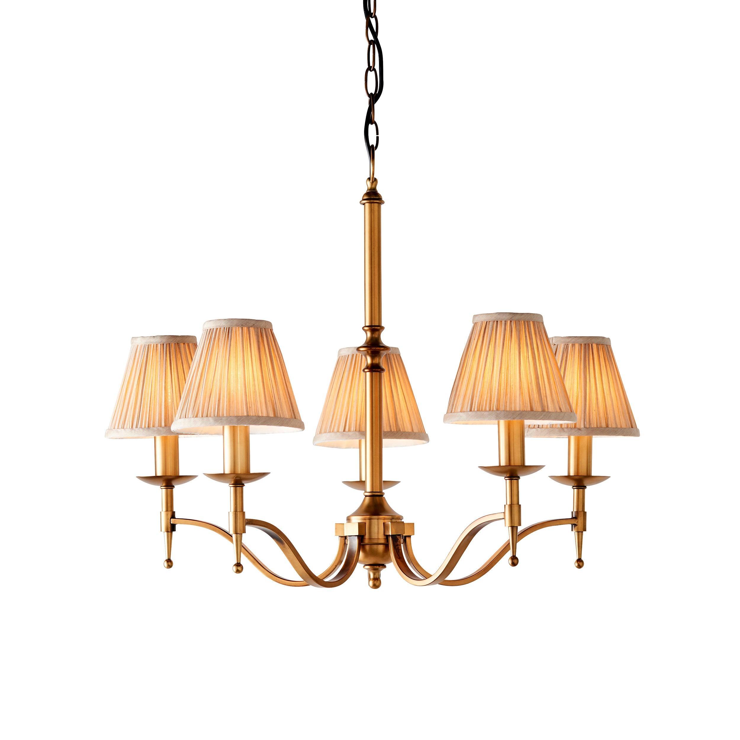Stanford 5 Light Antique Brass Chandelier - Beige Shades-Interiors 1900-2-Tiffany Lighting Direct