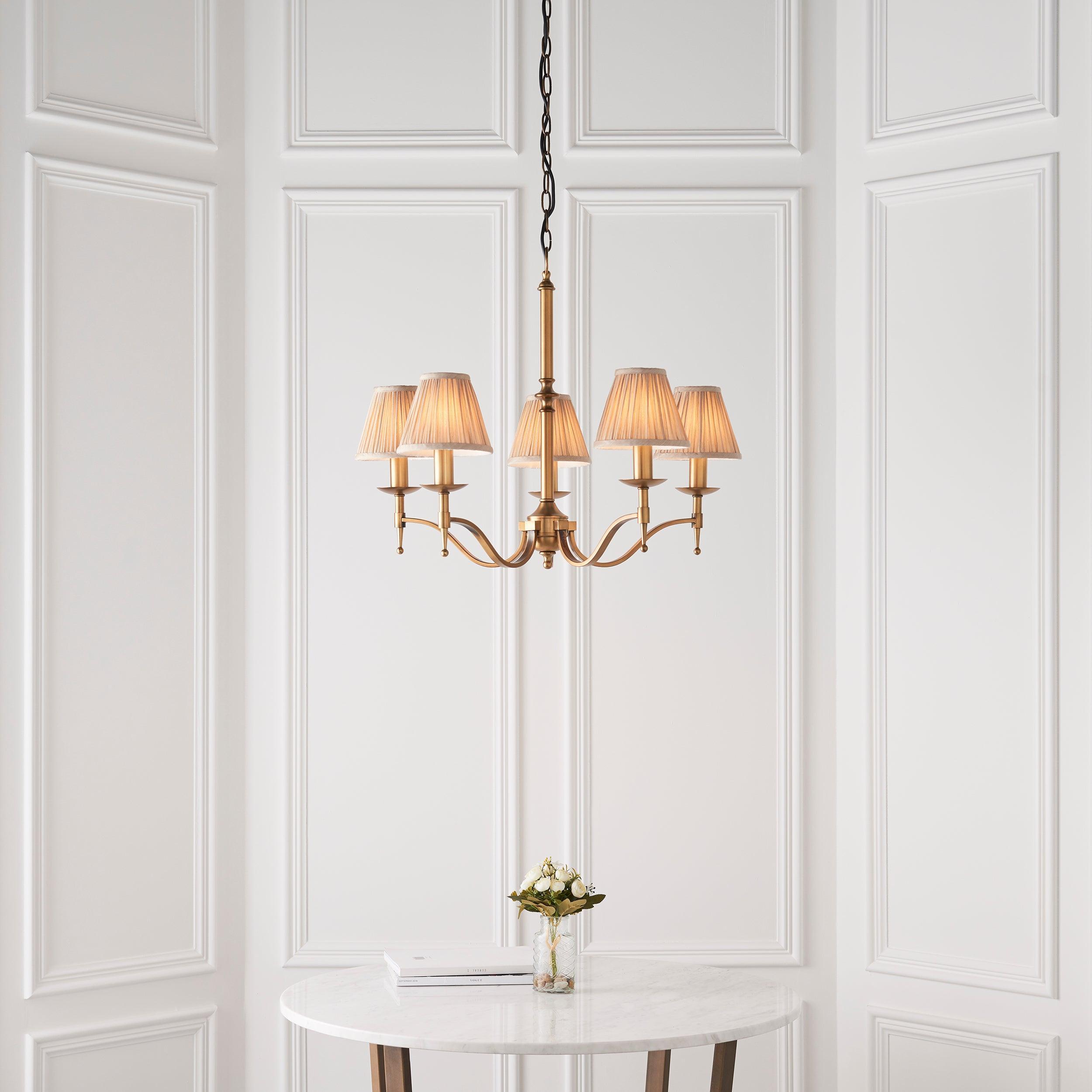 Stanford 5 Light Antique Brass Chandelier - Beige Shades-Interiors 1900-8-Tiffany Lighting Direct