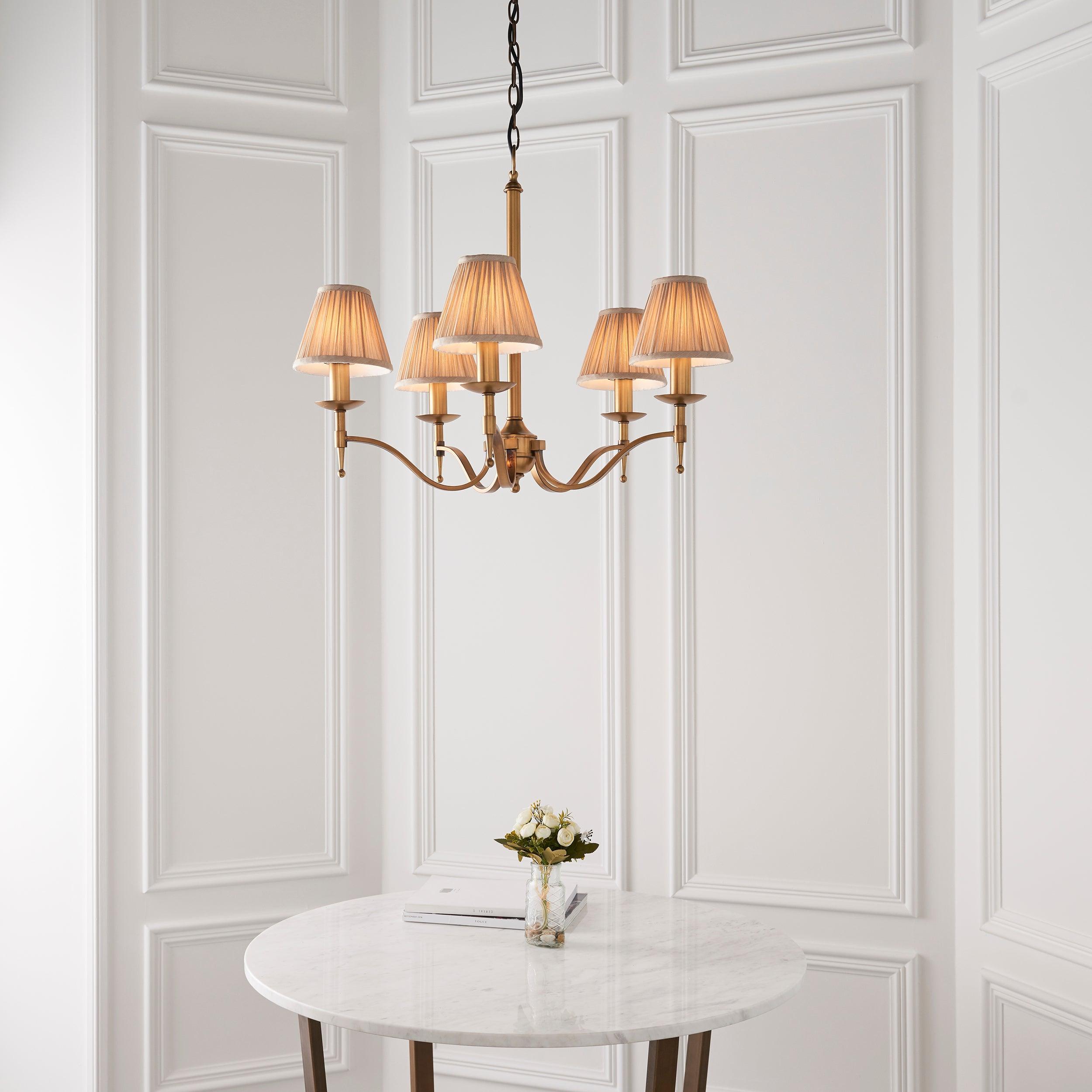 Stanford 5 Light Antique Brass Chandelier - Beige Shades-Interiors 1900-10-Tiffany Lighting Direct