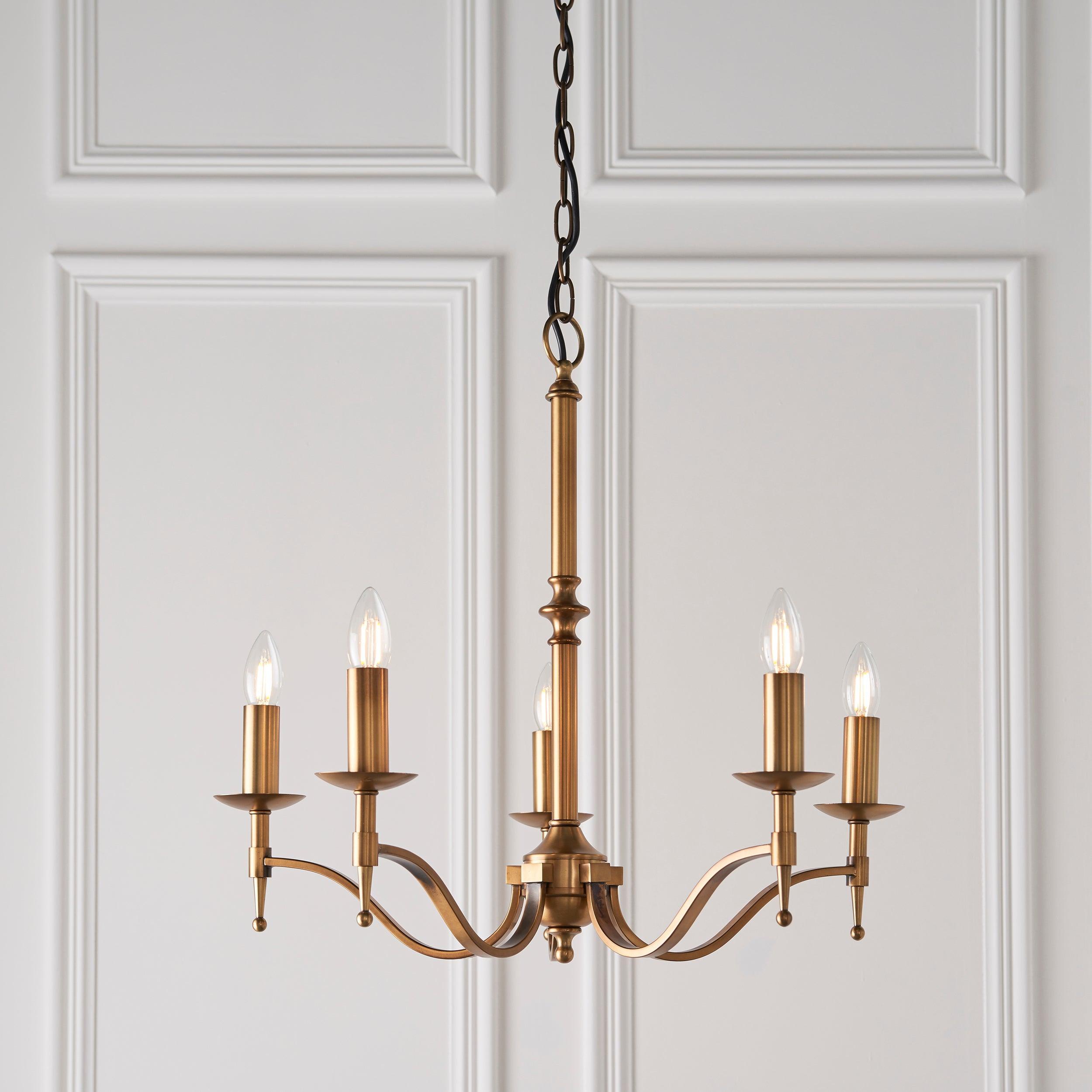 Stanford 5 Light Antique Brass Chandelier - Beige Shades-Interiors 1900-12-Tiffany Lighting Direct