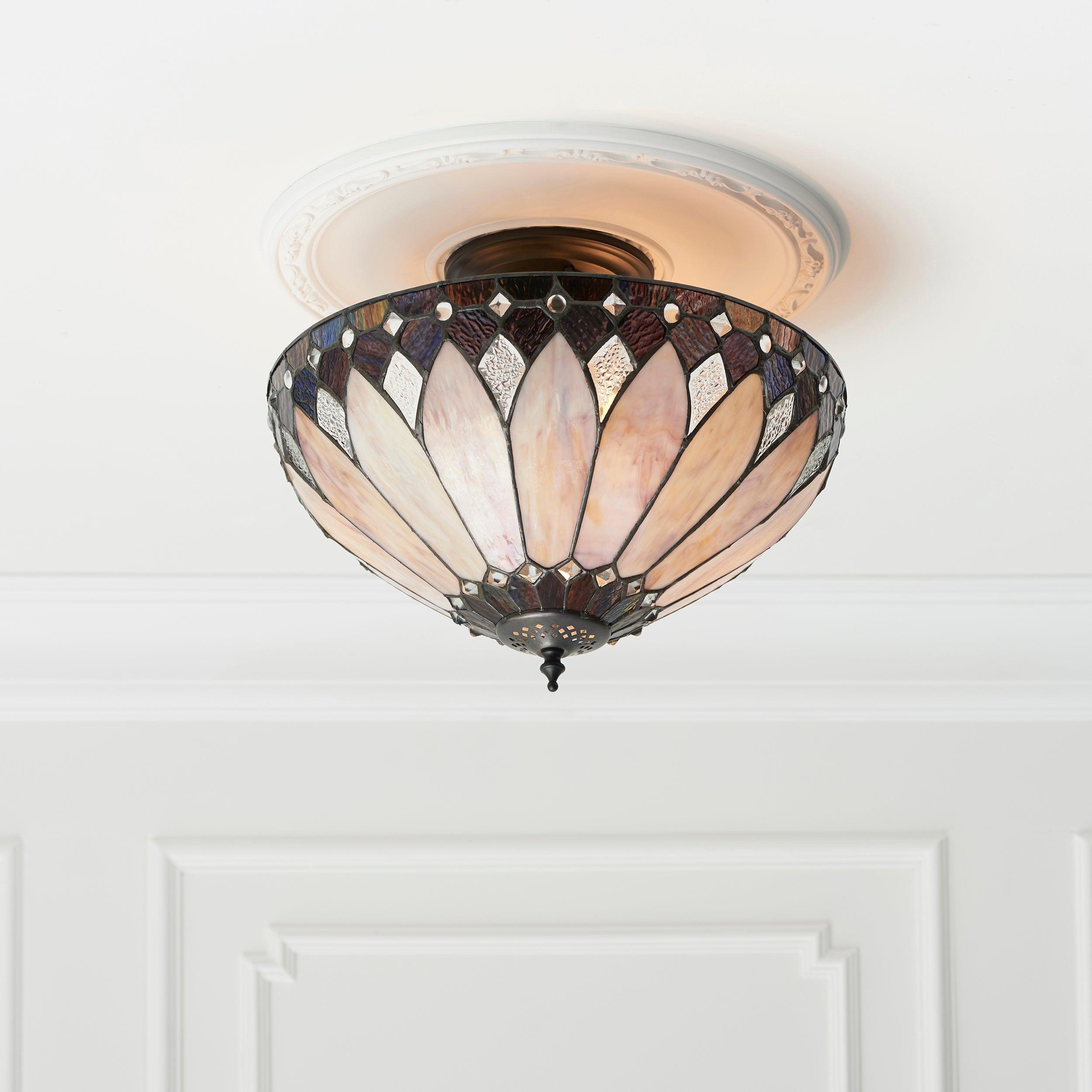 brooklyn tiffany semi flush ceiling light Close Up Lit Image