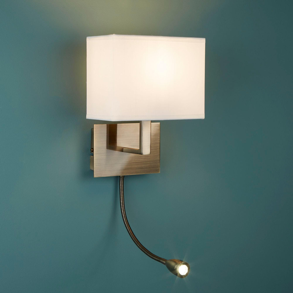 Hotel 2 Light Brass Wall Light - LED Flexi Arm - White Shade-OB-180926