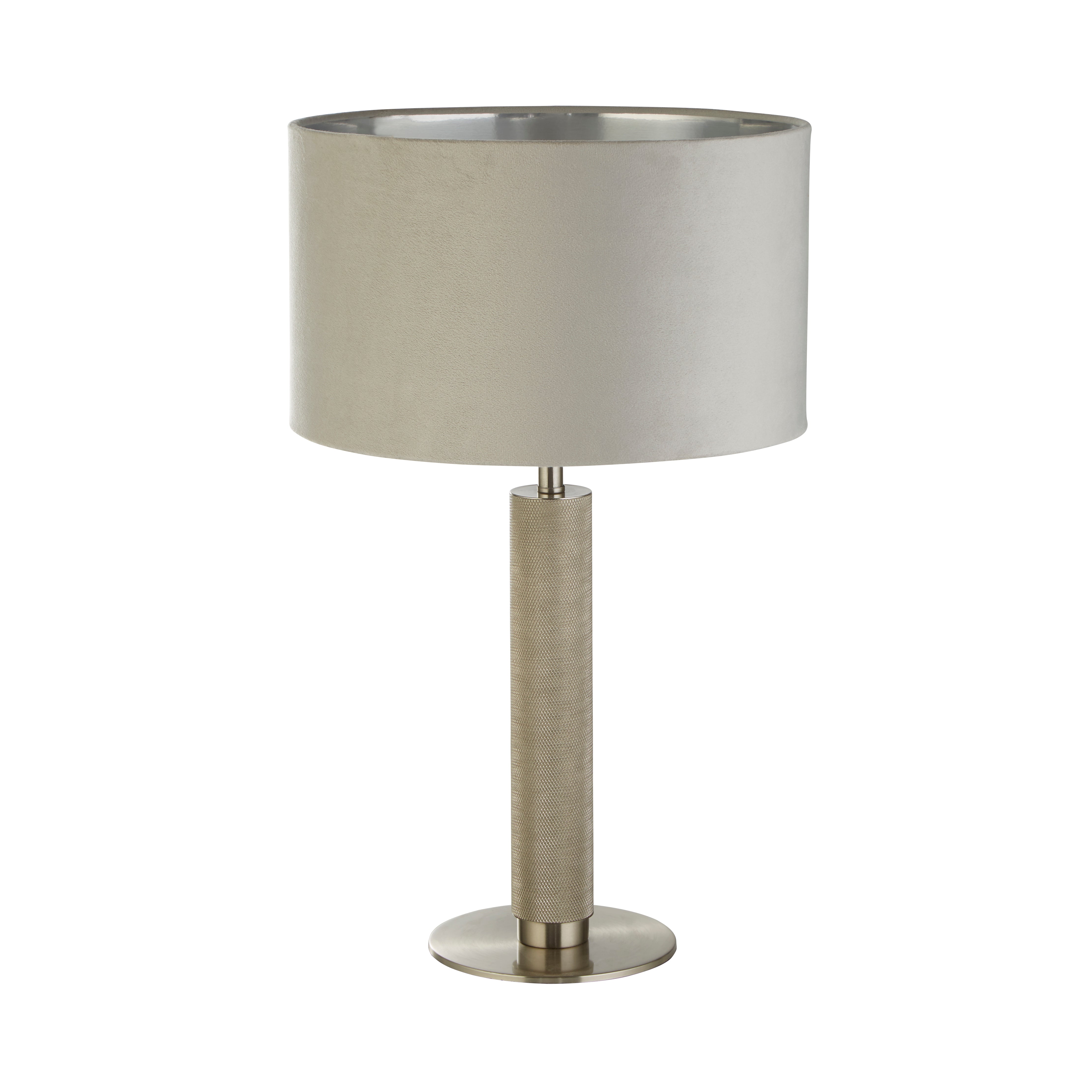 London Table Lamp- Knurled Satin Silver & Grey Velvet Shade