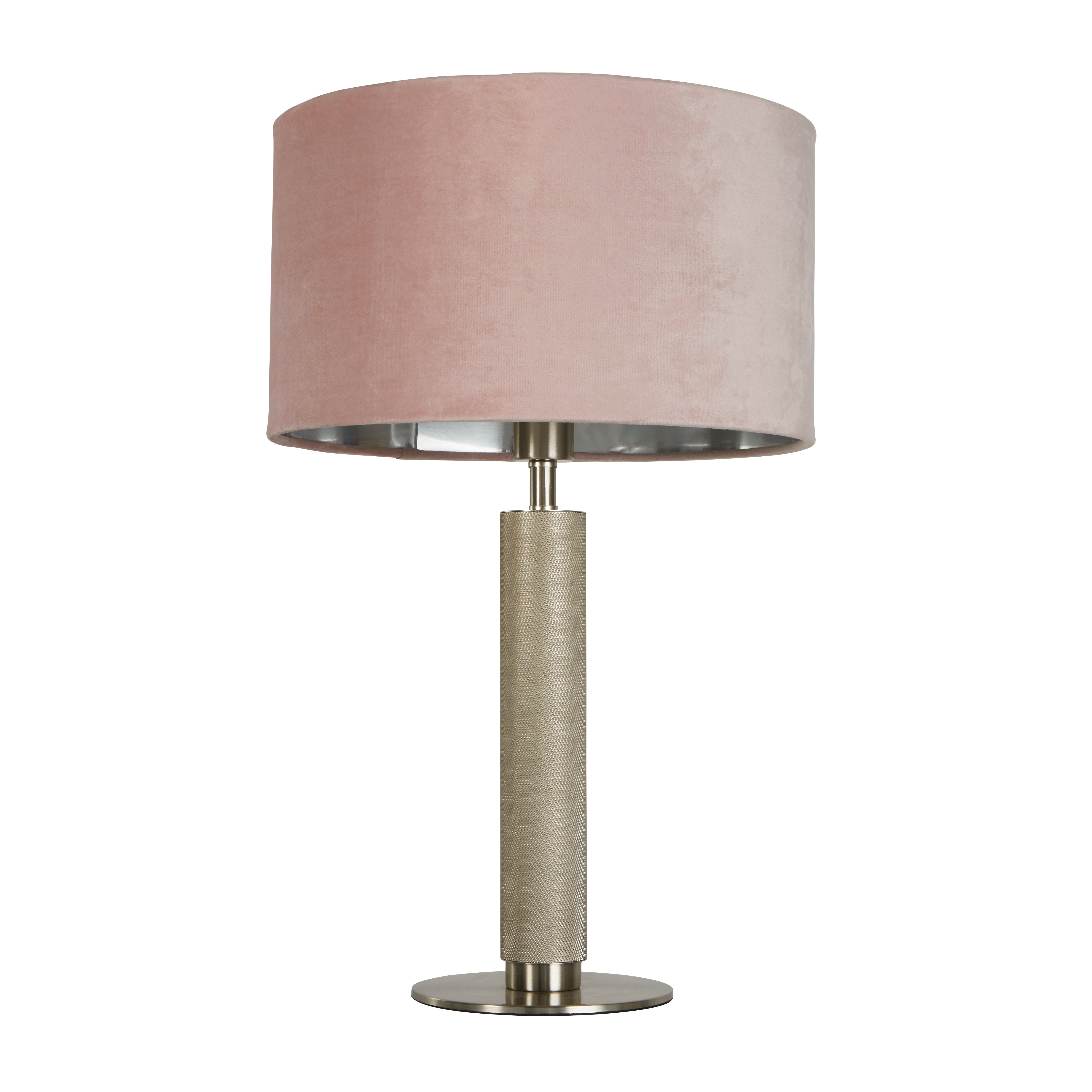 London Table Lamp- Knurled Satin Silver & Pink Velvet Shade