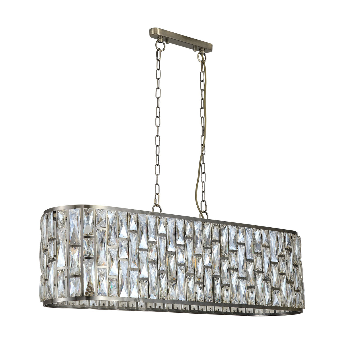 Bijou antique brass oval pendant with clear glass tiles unlit on a white studio background