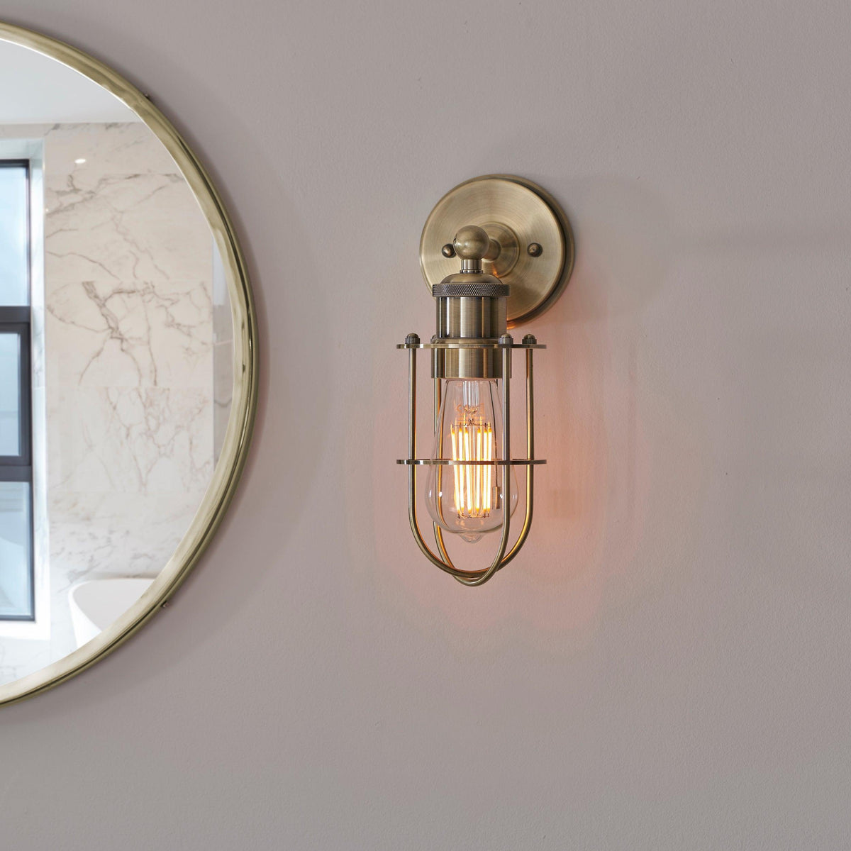 Weston Antique Brass Caged Bathroom Wall Light - Pull Cord-warehouse-180926