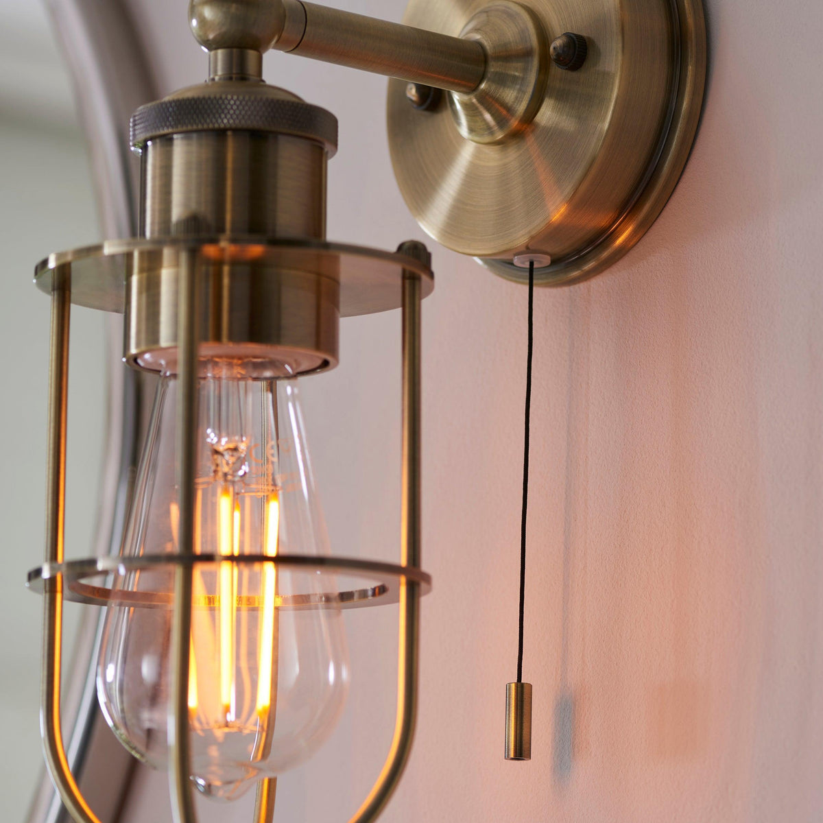 Weston Antique Brass Caged Bathroom Wall Light - Pull Cord-warehouse-180926