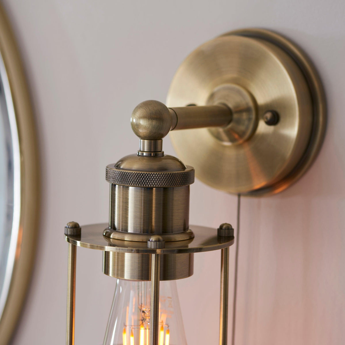 Weston Antique Brass Caged Bathroom Wall Light - Pull Cord-warehouse-180926