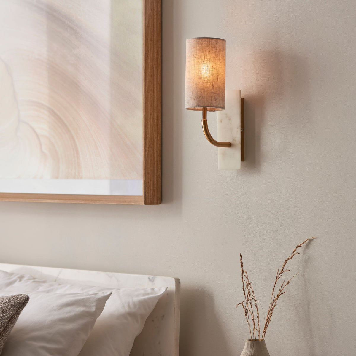 Living Lights Brass & White Marble Curved Arm Wall Light-OB-180926