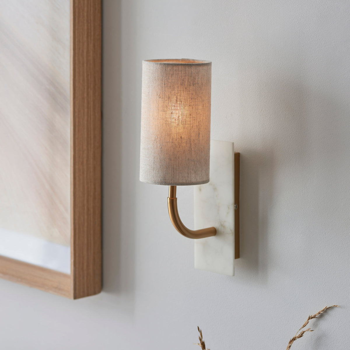 Living Lights Brass & White Marble Curved Arm Wall Light-OB-180926