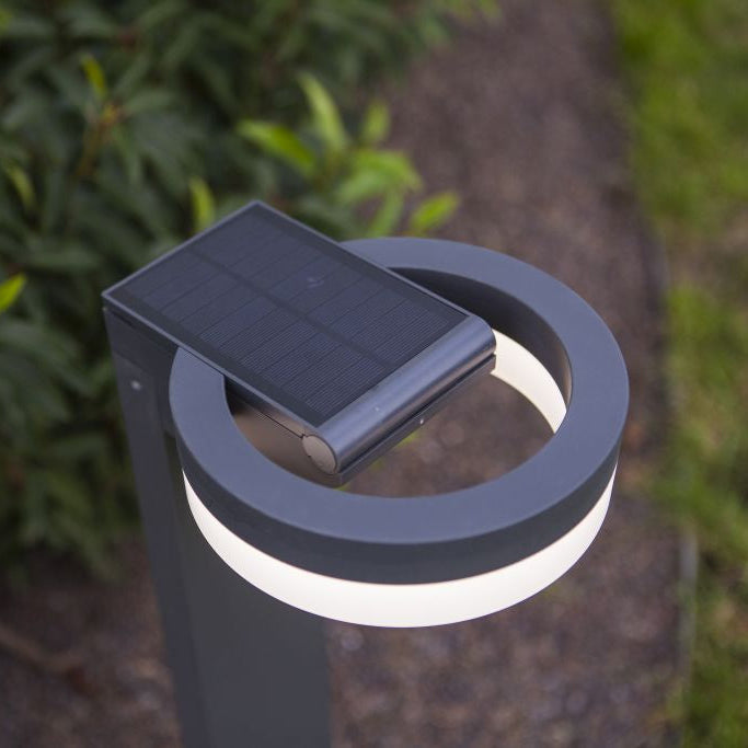 Solar-powered outdoor light fixture on a post with greenery in the background