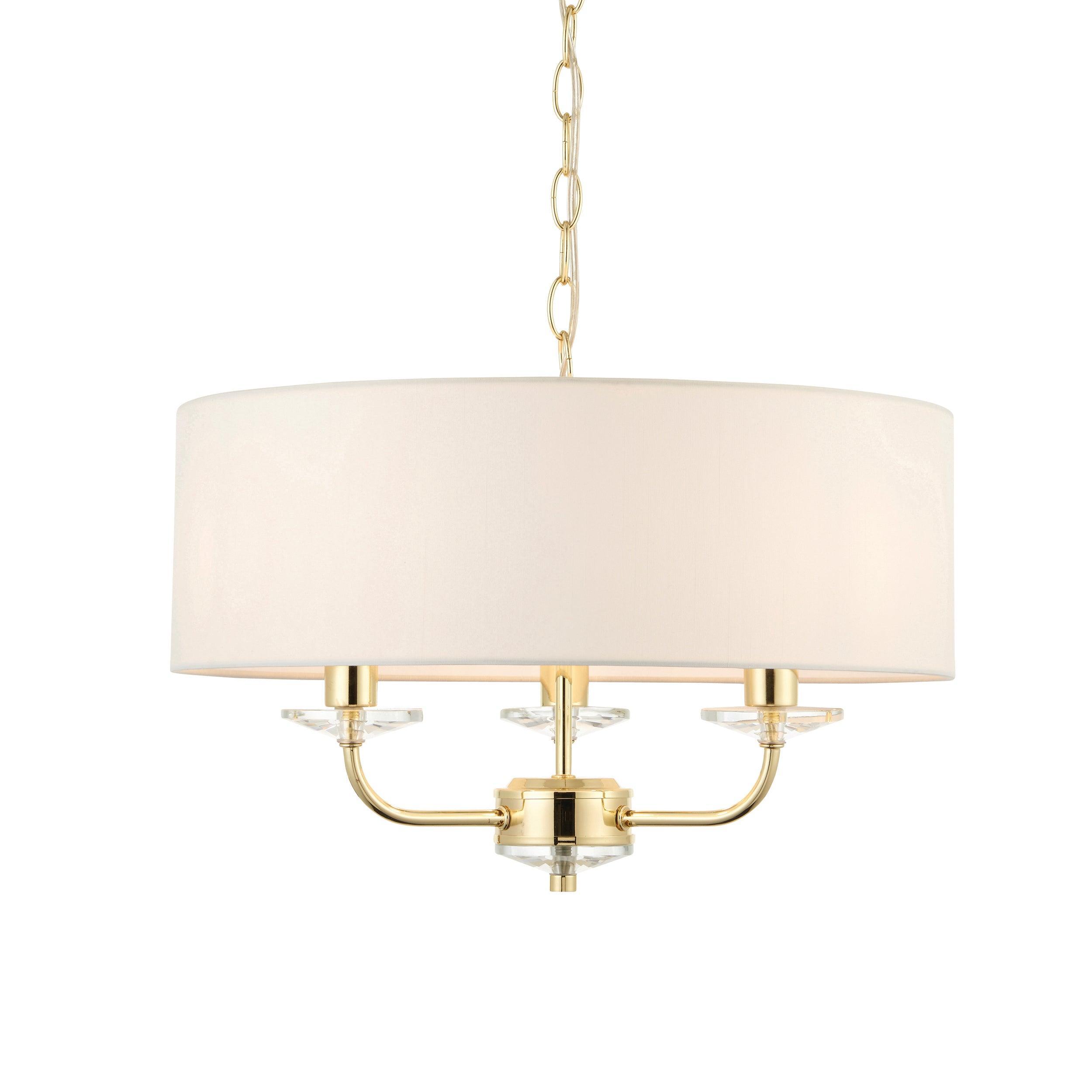 Endon Nixon 3 Light Brass & Glass Ceiling Pendant With Shade-Ceiling Pendant Lights-Endon Lighting hallway lighting photo Tiffany Lighting Direct