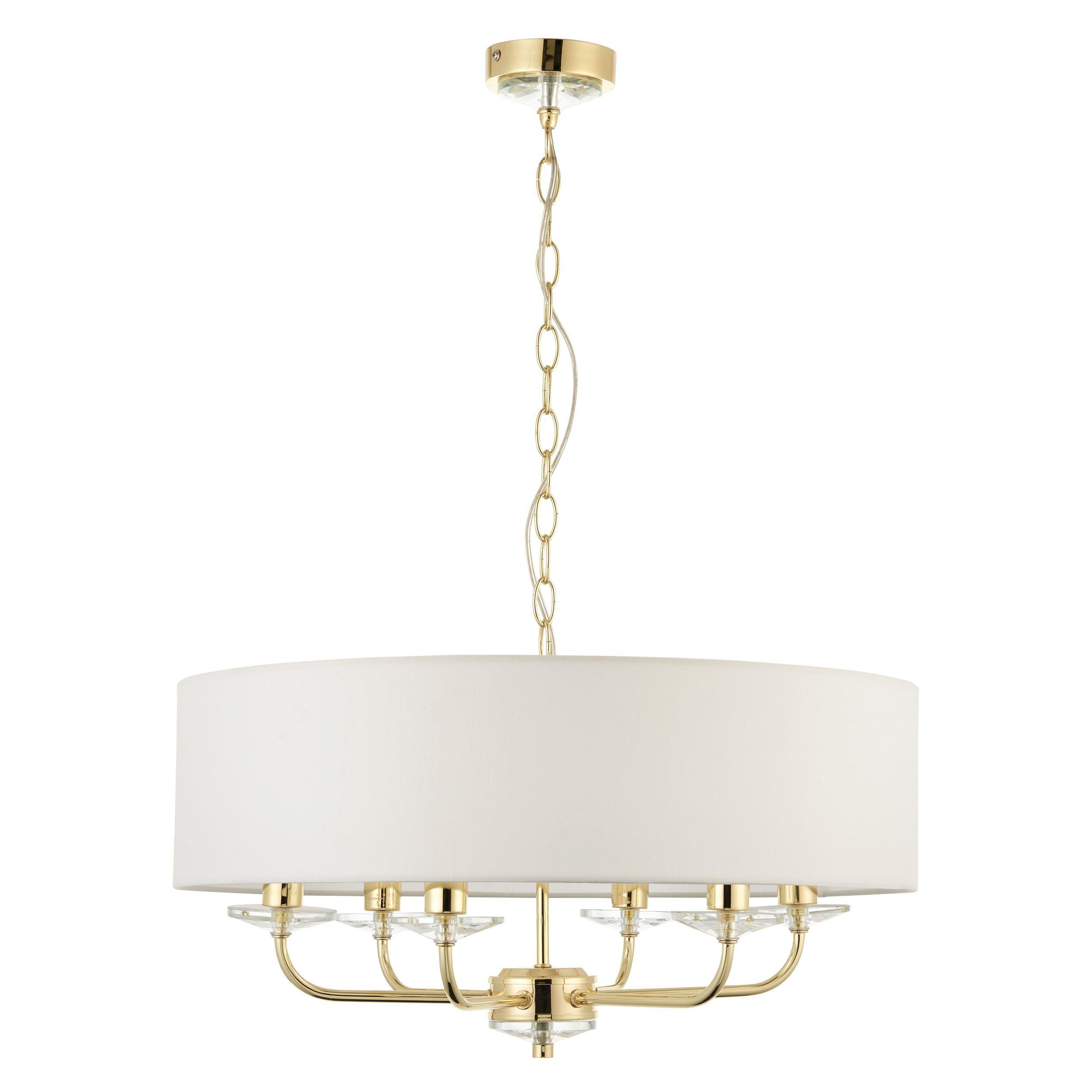 Nixon 6 Light Brass & Glass Ceiling Pendant - White Shade 70561 - Unlit