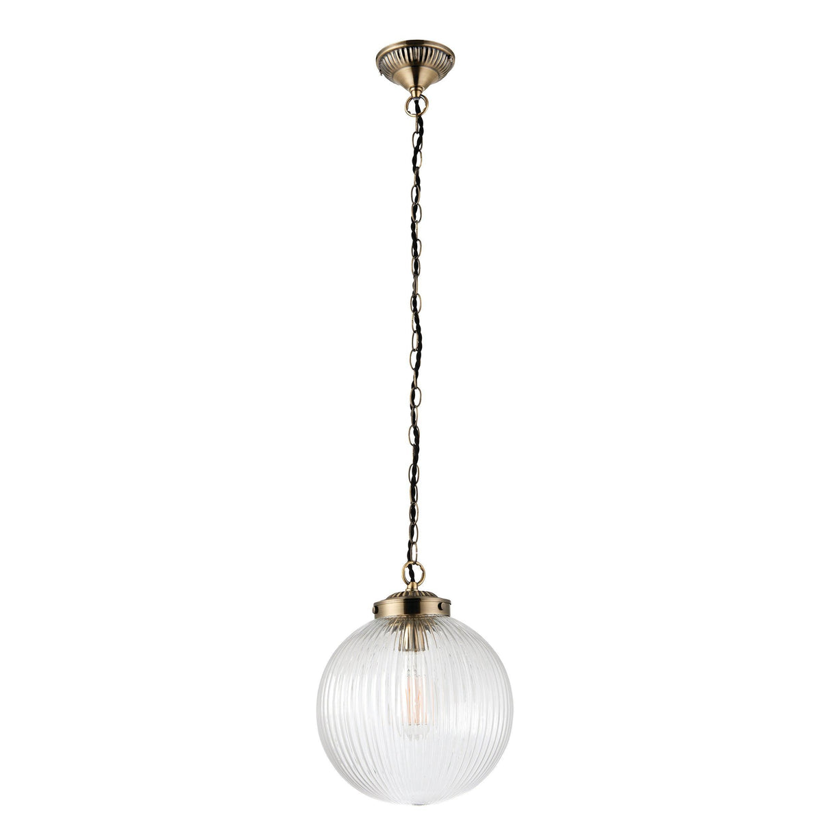 Brydon 1 Light Pendant Ribbed Glass & Antique Brass - 25cm-OB-180926