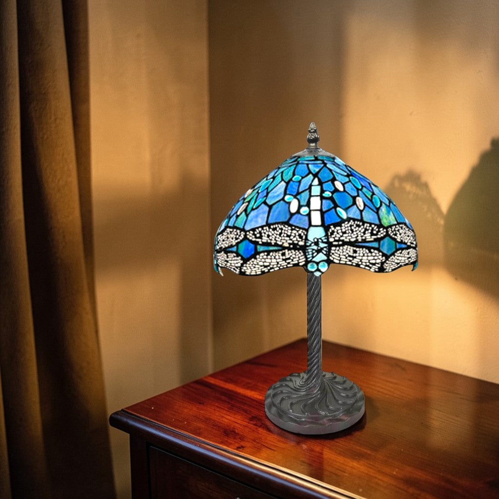 Minster Tiffany 10" Blue Dragonfly Table Lamp