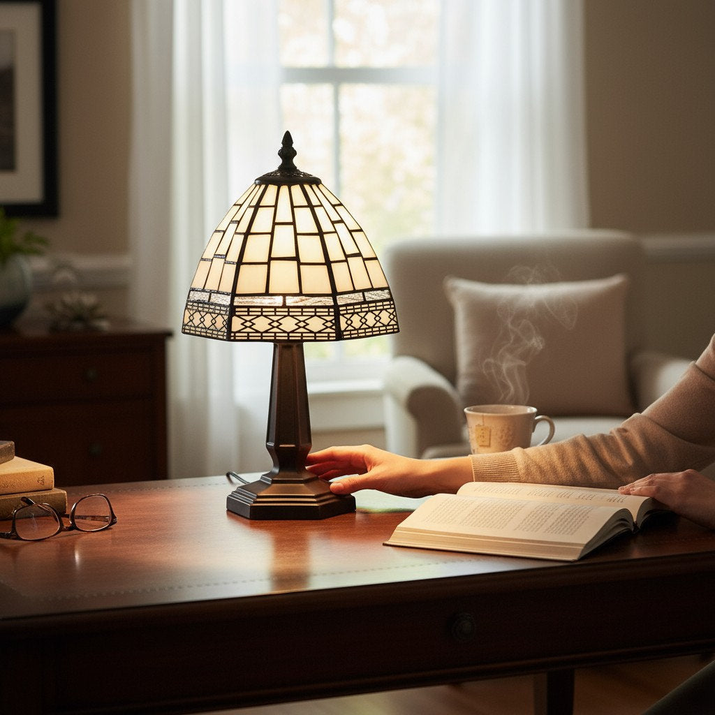 Art Deco Tiffany White & Silver 15cm Bedside Table Lamp