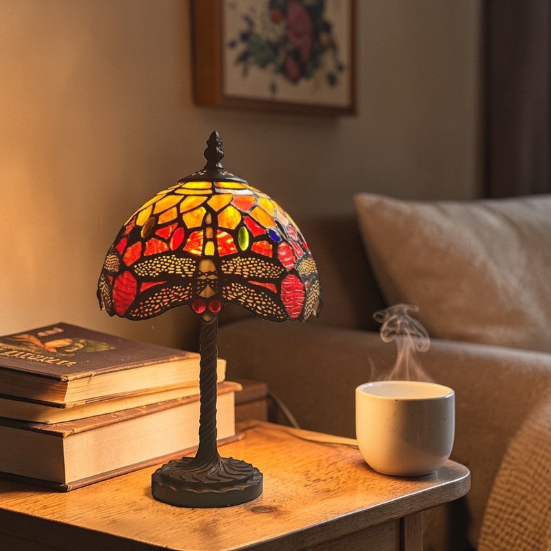 Minster 8" Orange Tiffany Dragonfly Table Lamp