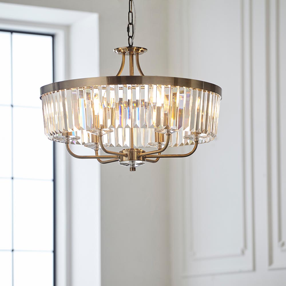 Ealing Round 6 Light Brass & Clear Cut Glass Pendant