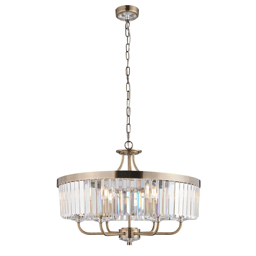 Ealing Round 6 Light Brass & Clear Cut Glass Pendant