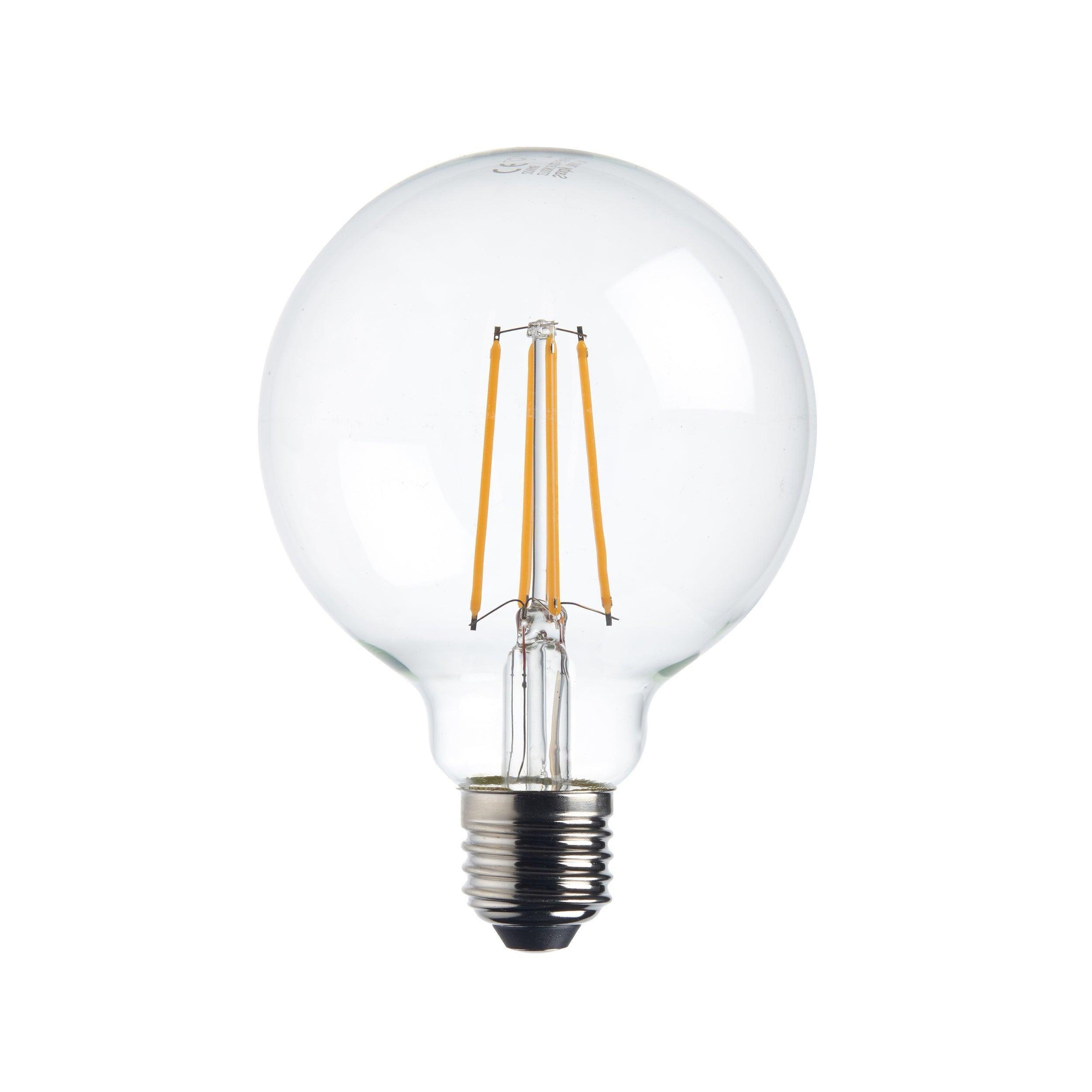 e27 warm white led filament globe dimmable 7wby Saxby Lighting, close up image