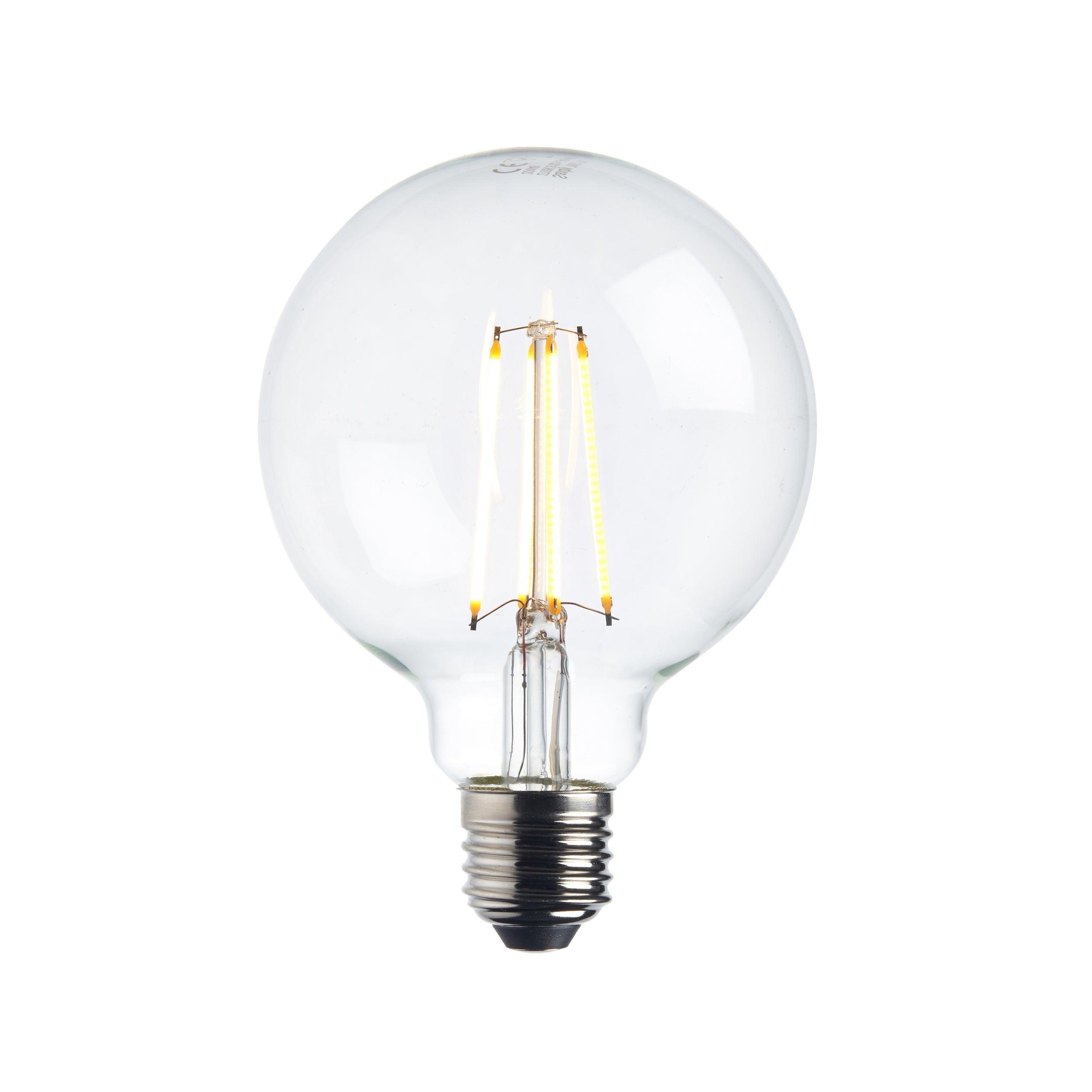 2 x e27 warm white led filament globe light bulb dimmable 7wby Saxby Lighting, close up image