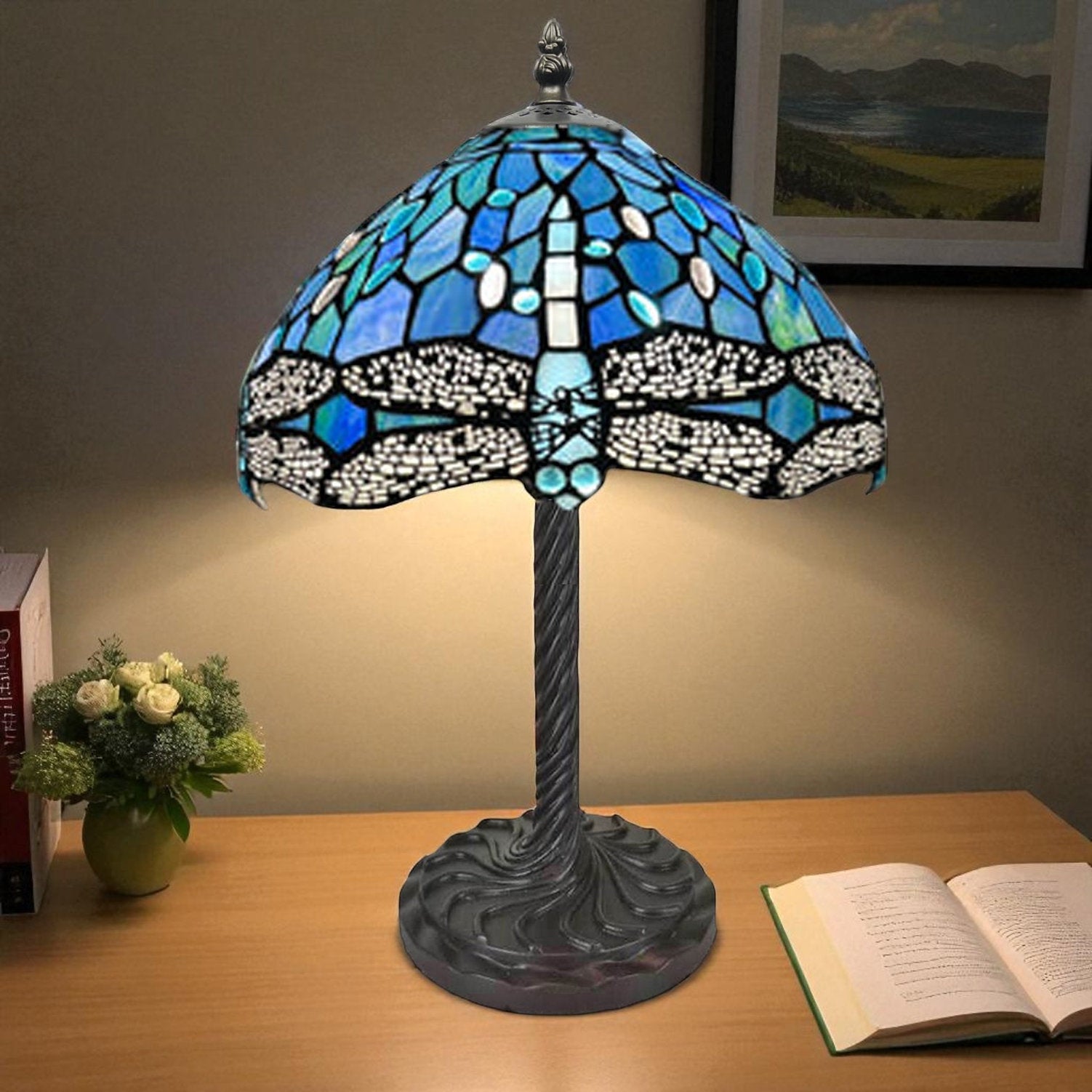 Minster Tiffany 10" Blue Dragonfly Table Lamp