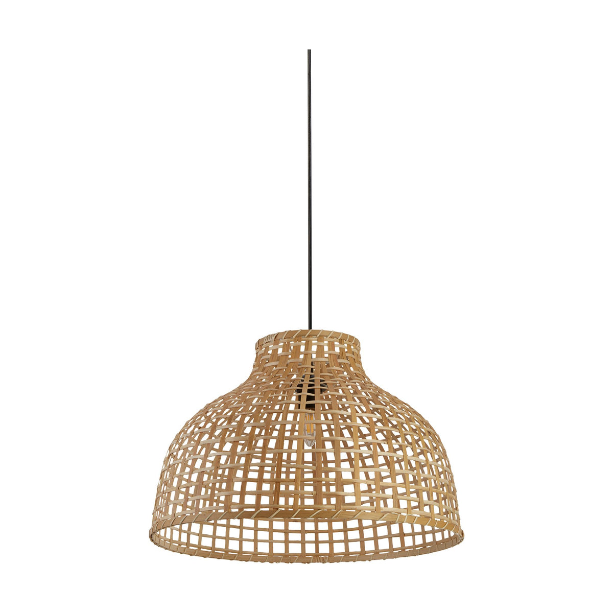 Bali pendant lit, open woven bamboo dome shade in natural tones on a black flex