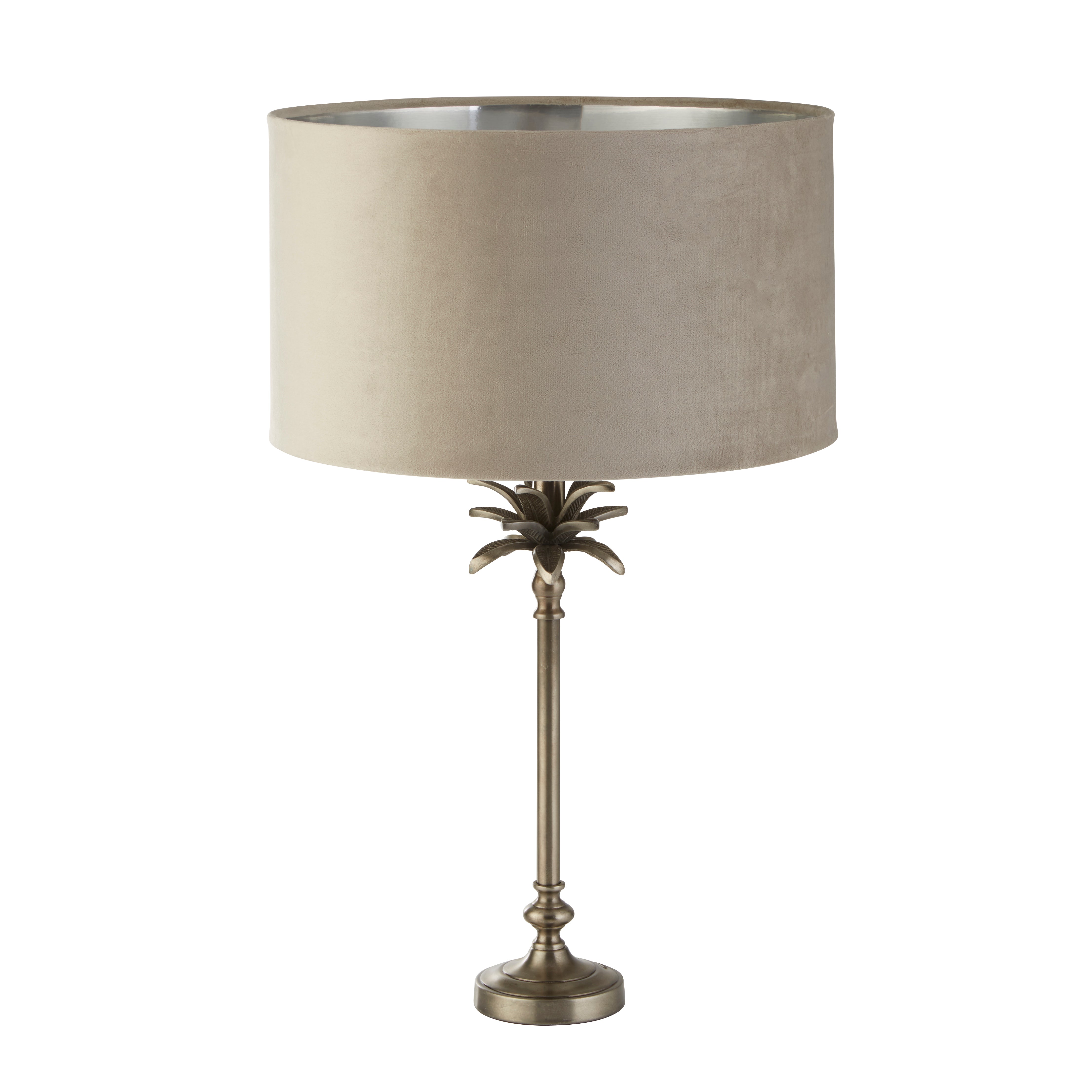 Palm Table Lamp - Antique Nickel Metal & Taupe Velvet Shade
