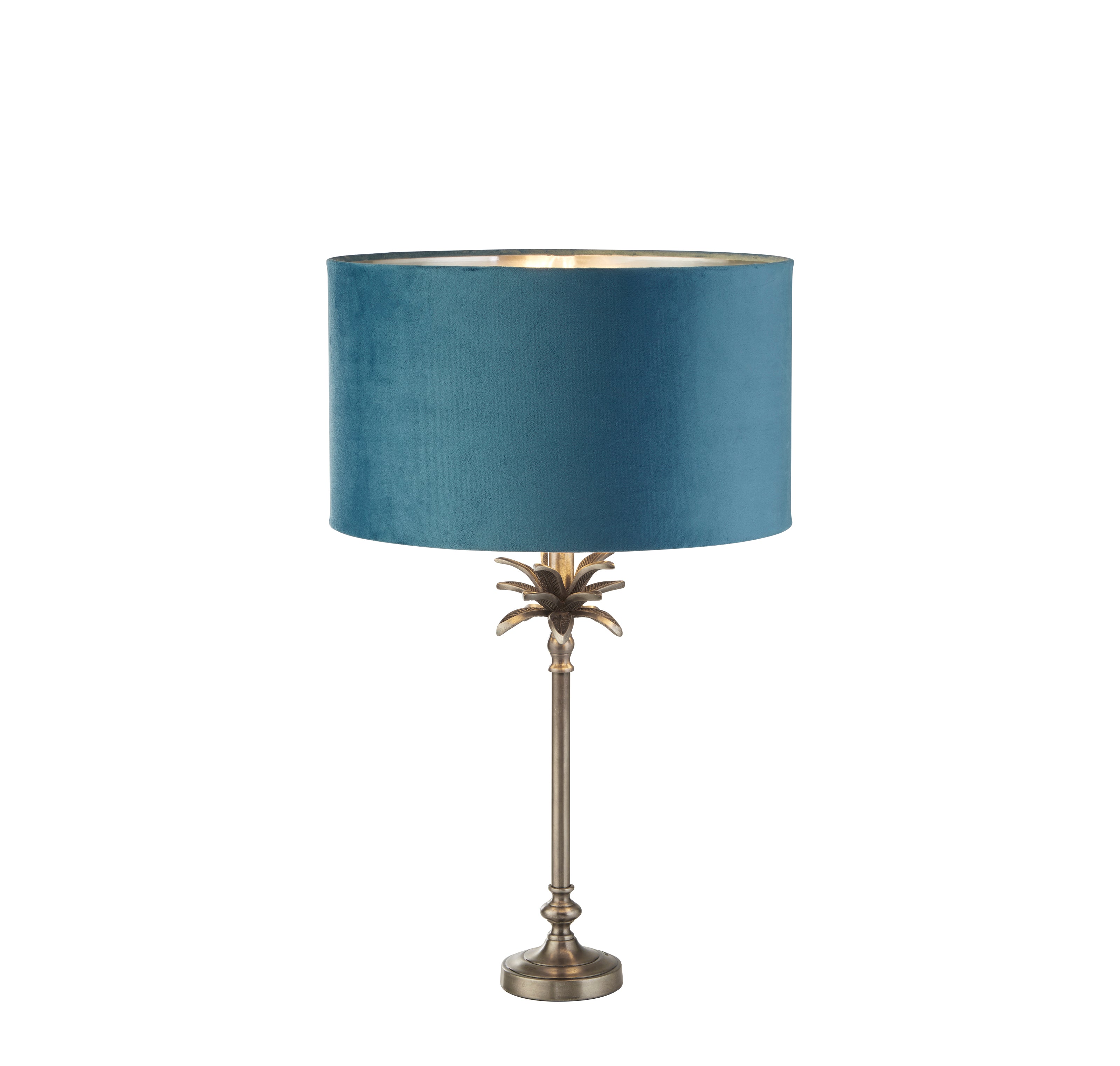 Palm Table Lamp - Antique Nickel Metal & Teal Velvet Shade