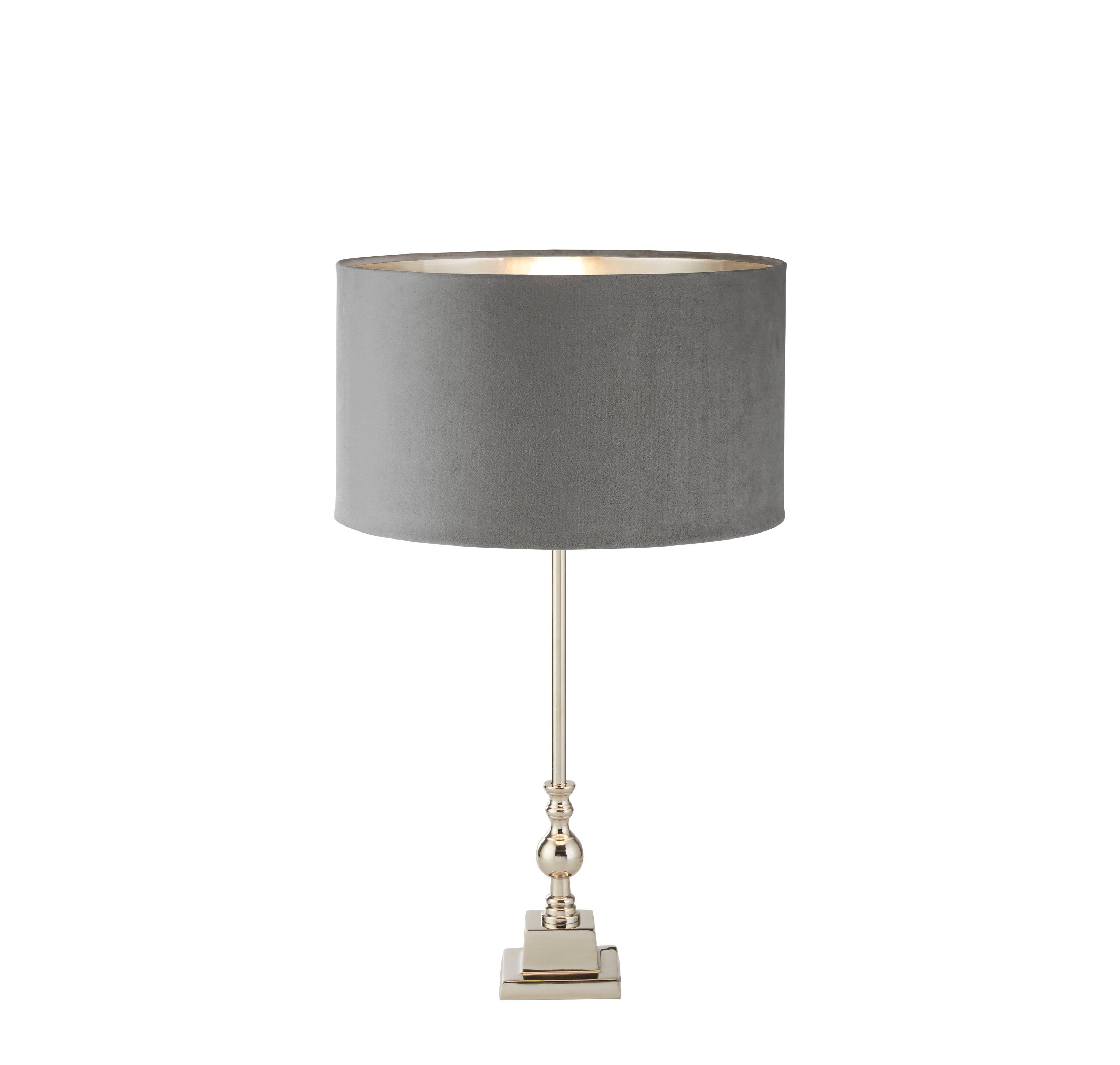 Whitby Table Lamp - Chrome Metal & Light Grey Velvet Shade